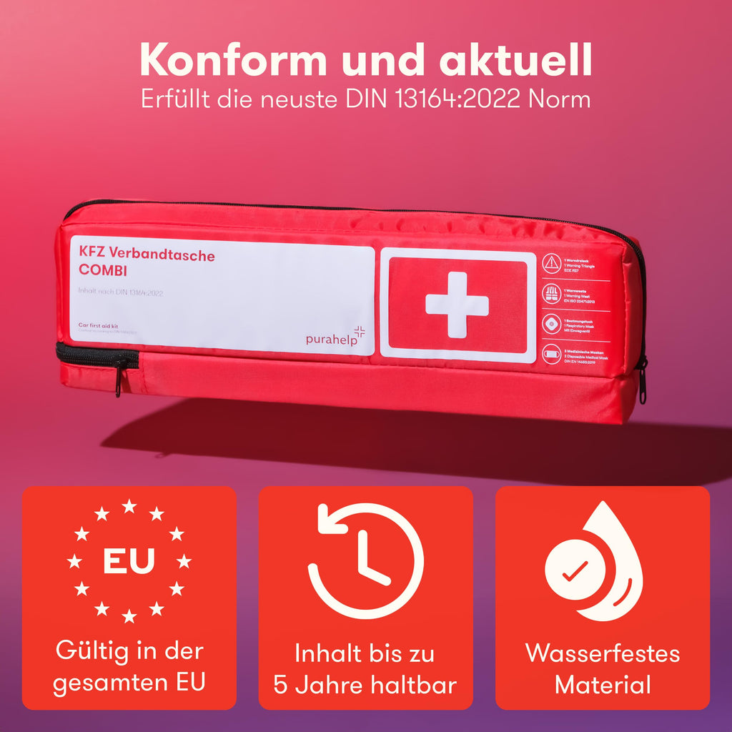PURAHELP® KFZ Kombitasche inkl. Beatmungstuch [DIN 13164] - Verbandskasten Auto mit Warndreieck & Warnweste - PKW Verbandskasten StVO Konform für 2026 - Erste Hilfe Set Auto - First Aid Kit Car