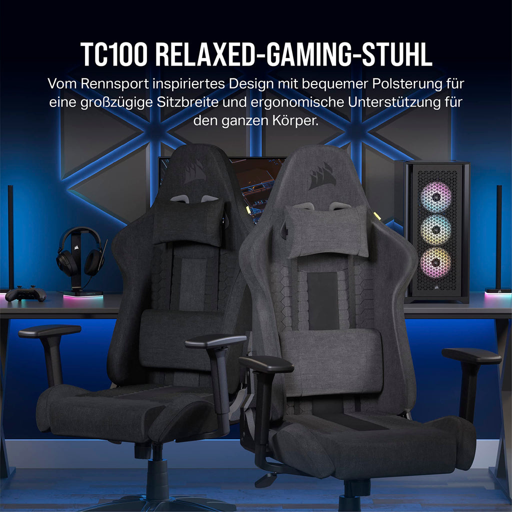 Corsair TC100 Relaxed-Gaming-Stuhl – Stoff – Vom Rennsport inspiriertes Design – Lendenkissen – Abnehmbares Nackenkissen aus Memory-Schaumstoff – Verstellbare Armlehnen – Schwarz