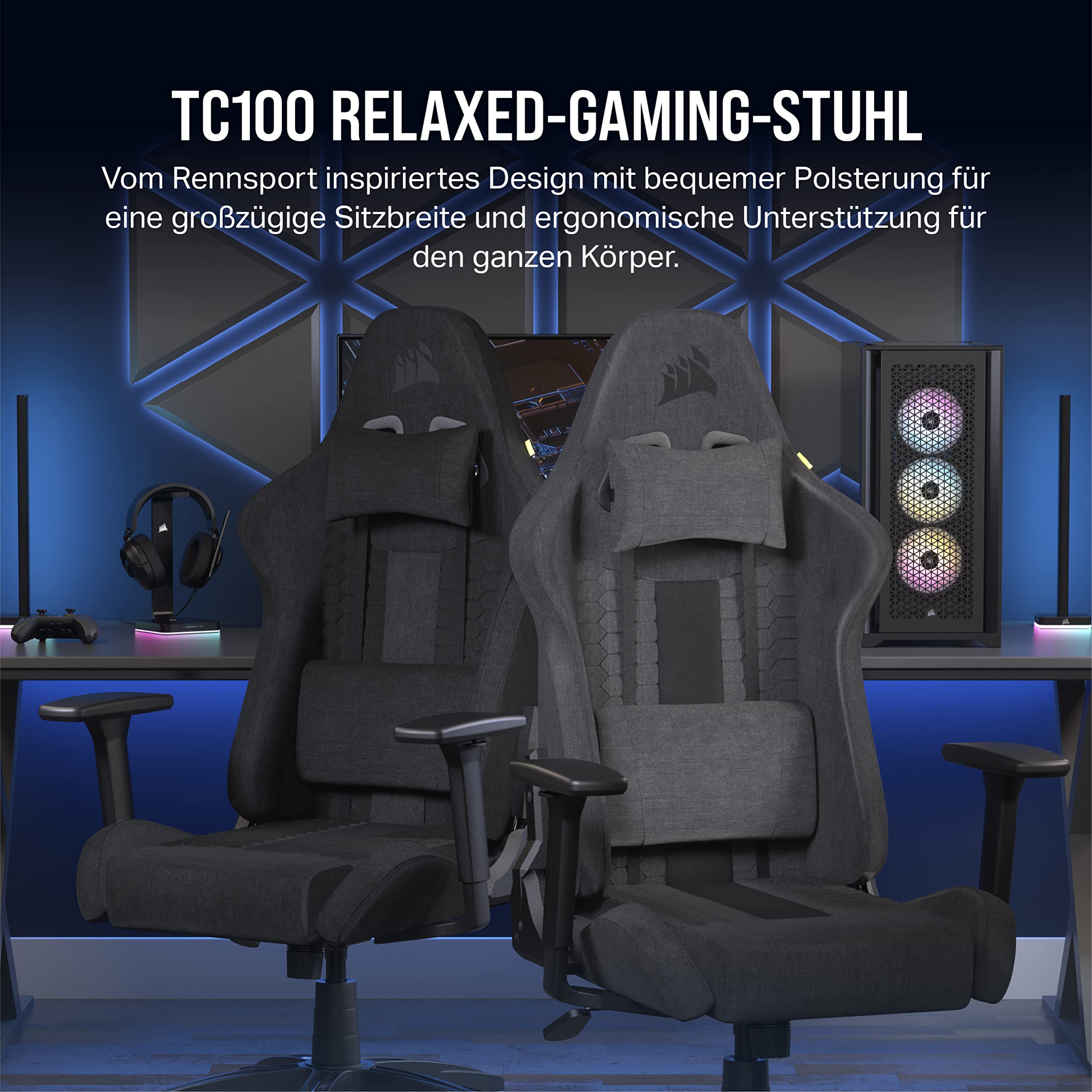 Corsair TC100 Relaxed-Gaming-Stuhl – Stoff – Vom Rennsport inspiriertes Design – Lendenkissen – Abnehmbares Nackenkissen aus Memory-Schaumstoff – Verstellbare Armlehnen – Schwarz