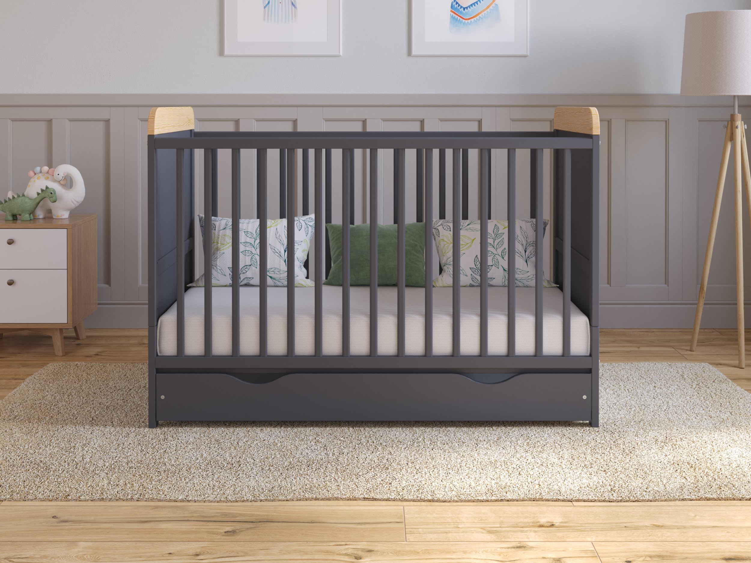 Love For Sleep Babybett Beistellbett 120x60 cm mit Schublade & Matratze - Kinderbett Baby Bett Holz Anthrazit-Kiefer, Babybett Komplett Set - Kinderbett Babybett Mitwachsend Gitterbett