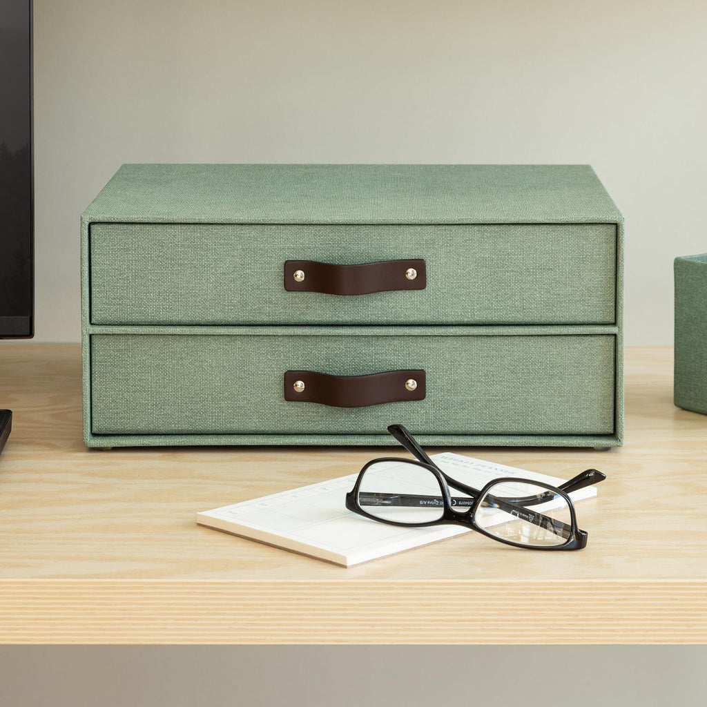 BIGSO BIRGER Schubladenbox – Aufbewahrungsbox mit 2 Schubladen – Schreibtisch Ablage für Dokumente & Bürobedarf – Ablagesystem aus recycelter Faserplatte und Papier – mintgrün