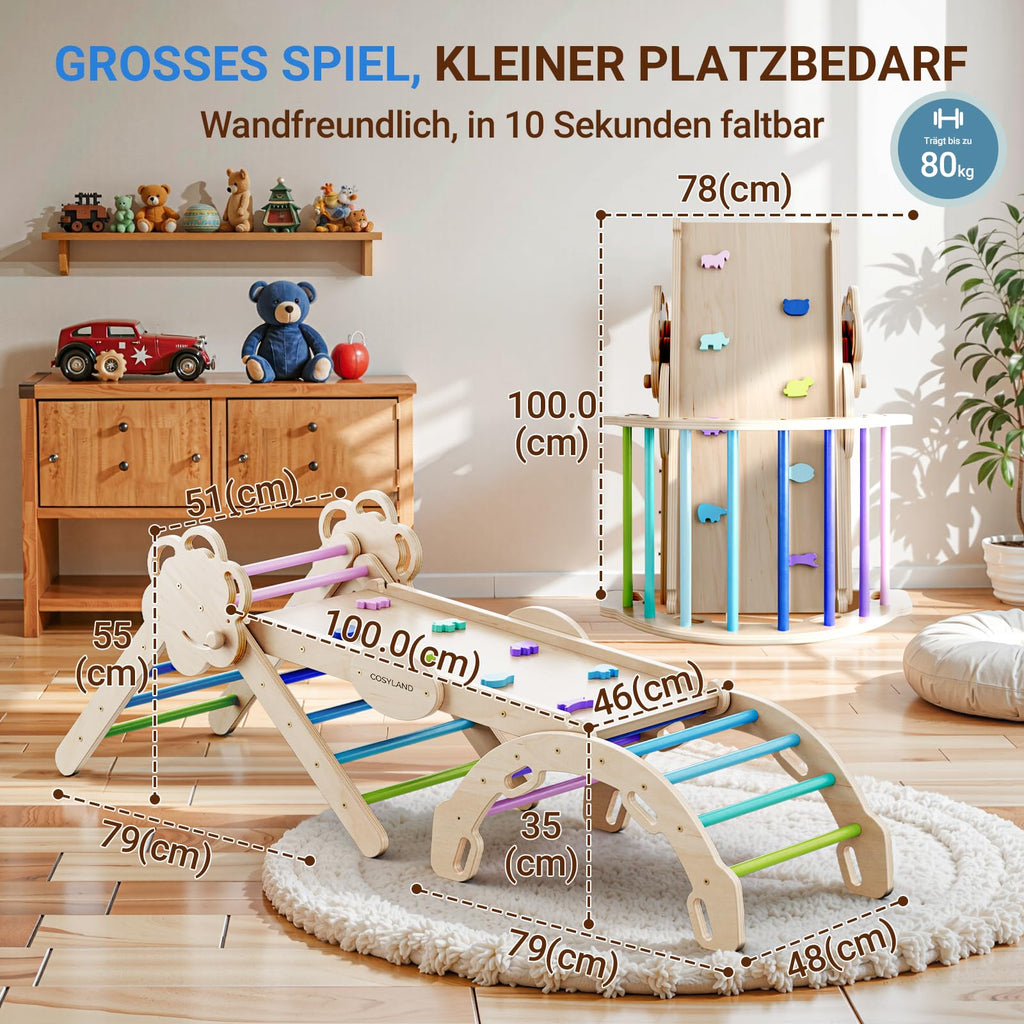 COSYLAND Klettergerüst Indoor L – Großes Kletterdreieck Set mit Kletterbogen & Rutsche – 8-in-1 Massivholz-Spielplatz für Kinder ab 18 Monaten – Kaltfarben