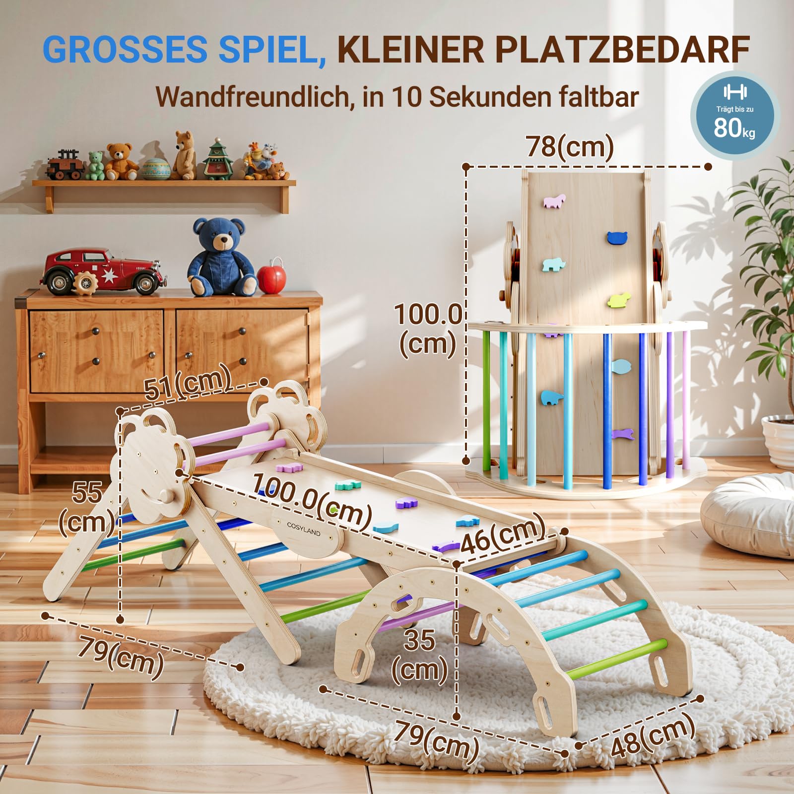 COSYLAND Klettergerüst Indoor L – Großes Kletterdreieck Set mit Kletterbogen & Rutsche – 8-in-1 Massivholz-Spielplatz für Kinder ab 18 Monaten – Kaltfarben