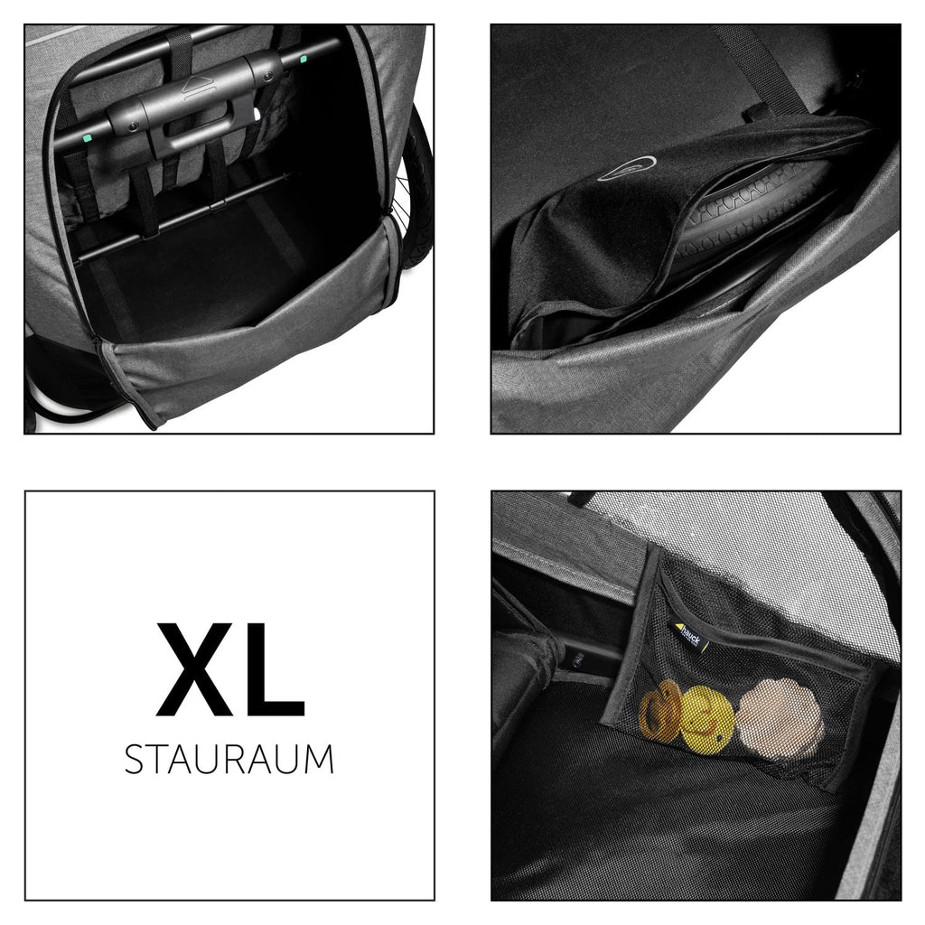 hauck 2in1 Fahrradanhänger & Buggy für 2 Kinder ab 6 Monaten bis 120 cm oder 22 kg Dryk Duo inkl. Deichsel, Kupplung, Buggyrad, Wimpel & Rücklicht, Zusammenklappbar, XL Kofferraum (Melange Grey)