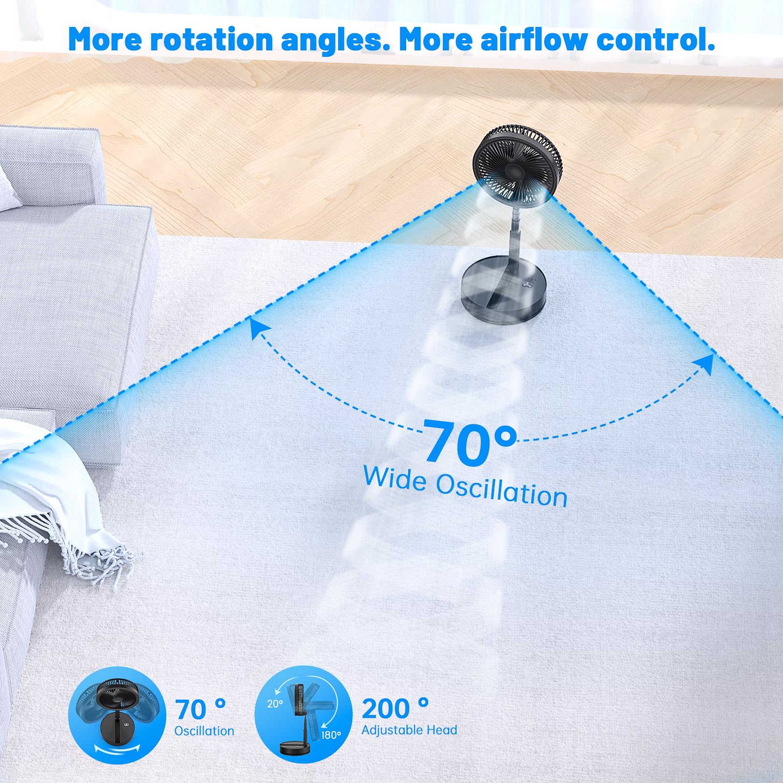 Oszillierender Ventilator Leise mit Fernbedienung, 9" Mini USB Tragbarer Tischventilator Standventilator, 7200mAh Akku Batterie Table Floor Fan mit Timer für Hause Schlafzimmer Büro Outdoor Reise