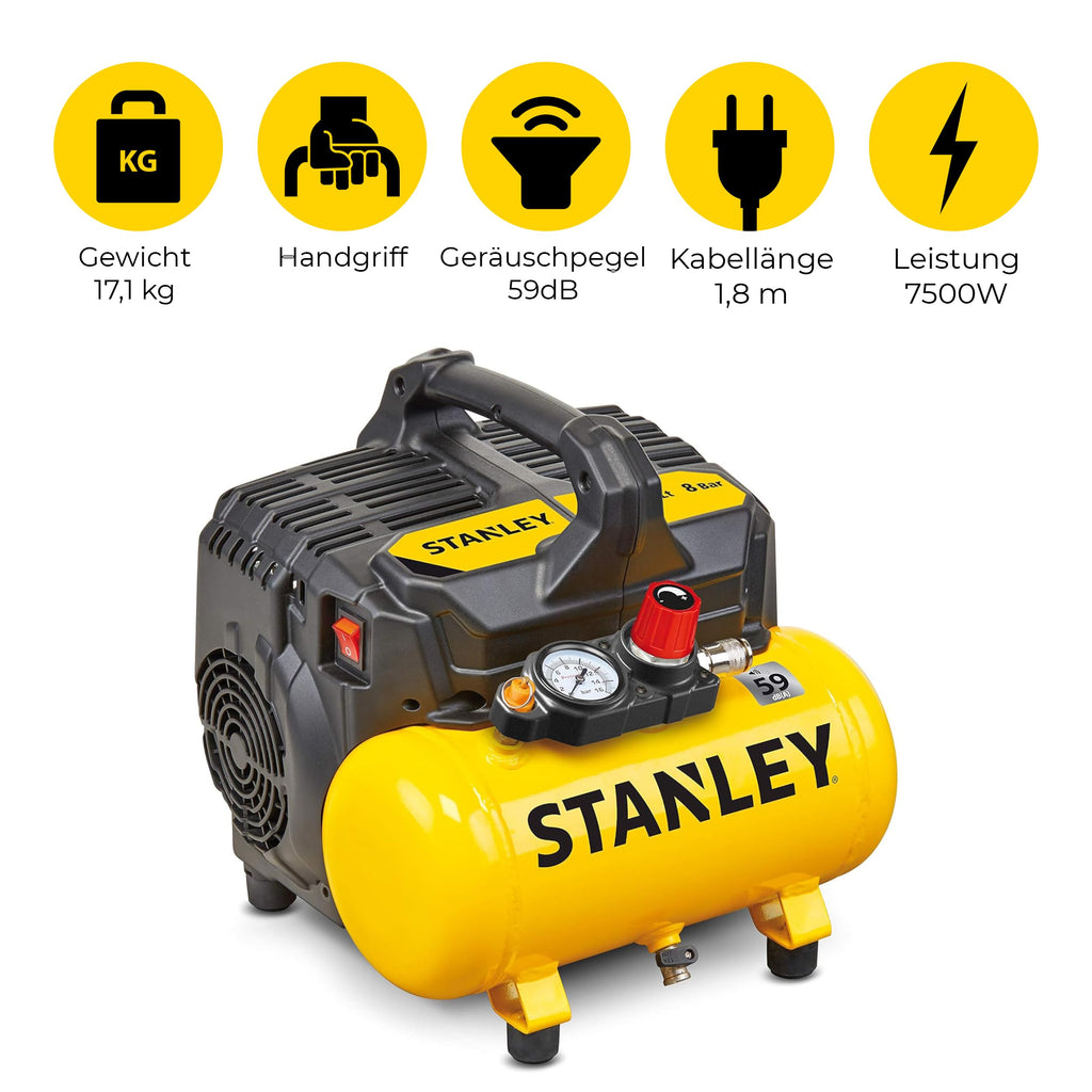 Stanley Kompressor DN200/8/6 - Luftkompressor 8 Bar - Füsterkompressor mit 6L Tankkapazität - Ölfreie Saugkompressor 105L/Min - Mit Griff und Anti-Rutsch-Füßen - Geeignet für Druckluftwerkzeuge