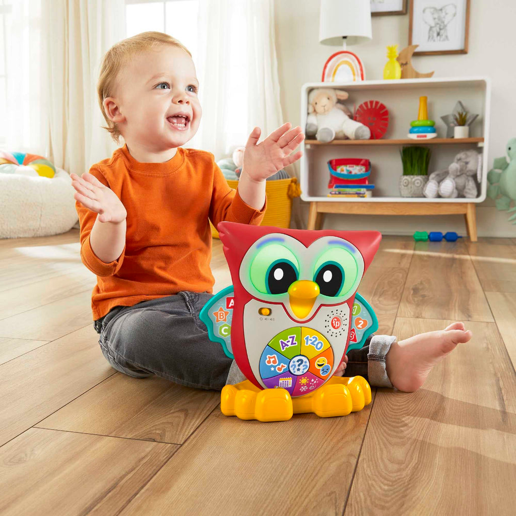 Fisher-Price - BlinkiLinkis Schlaue Eule, Deutshce Version, interaktives Lern-Spielzeug mit Musik, Lichtern, Melodien und Sätzen, Babyspielzeug für Kinder ab 18 Monaten, HJM73