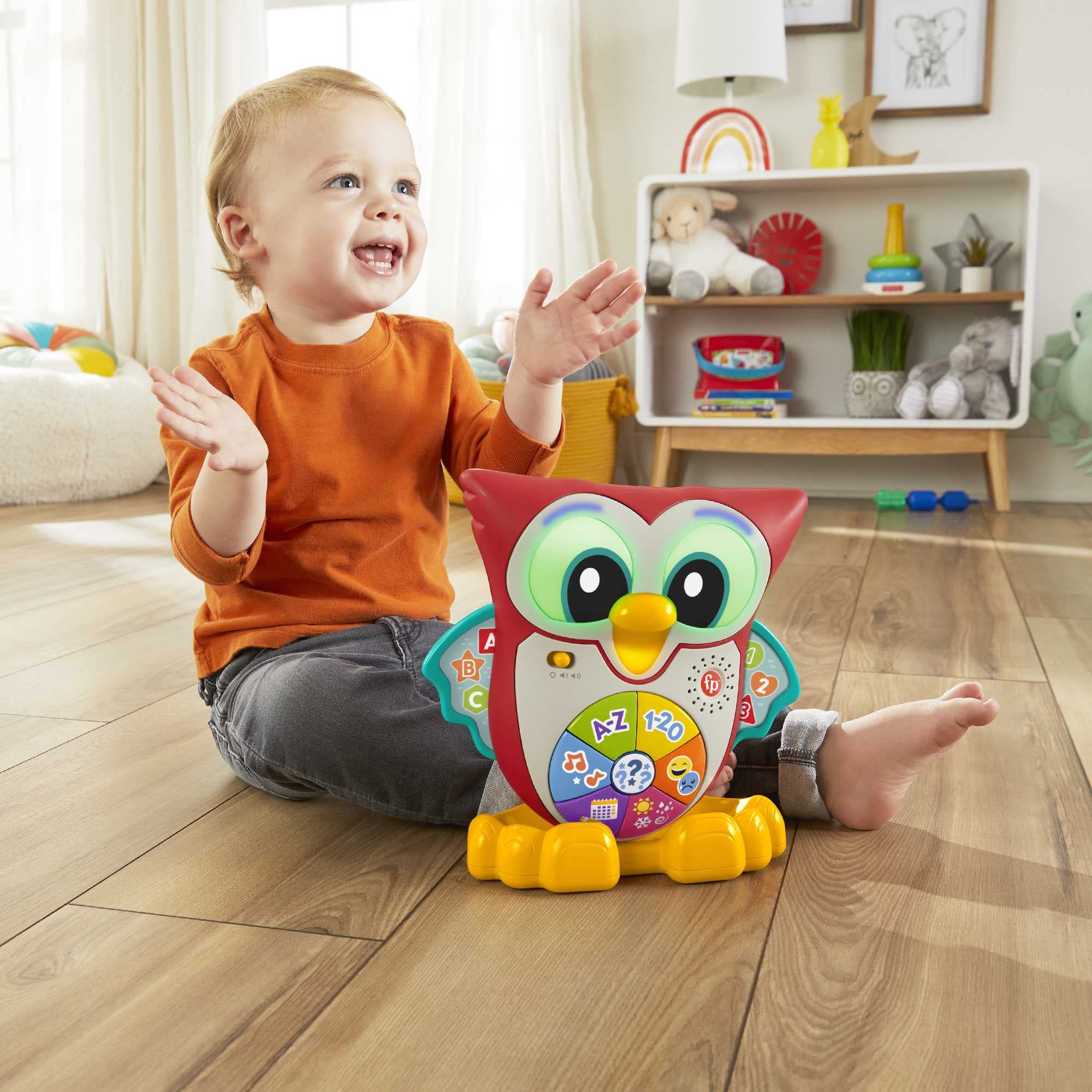 Fisher-Price - BlinkiLinkis Schlaue Eule, Deutshce Version, interaktives Lern-Spielzeug mit Musik, Lichtern, Melodien und Sätzen, Babyspielzeug für Kinder ab 18 Monaten, HJM73