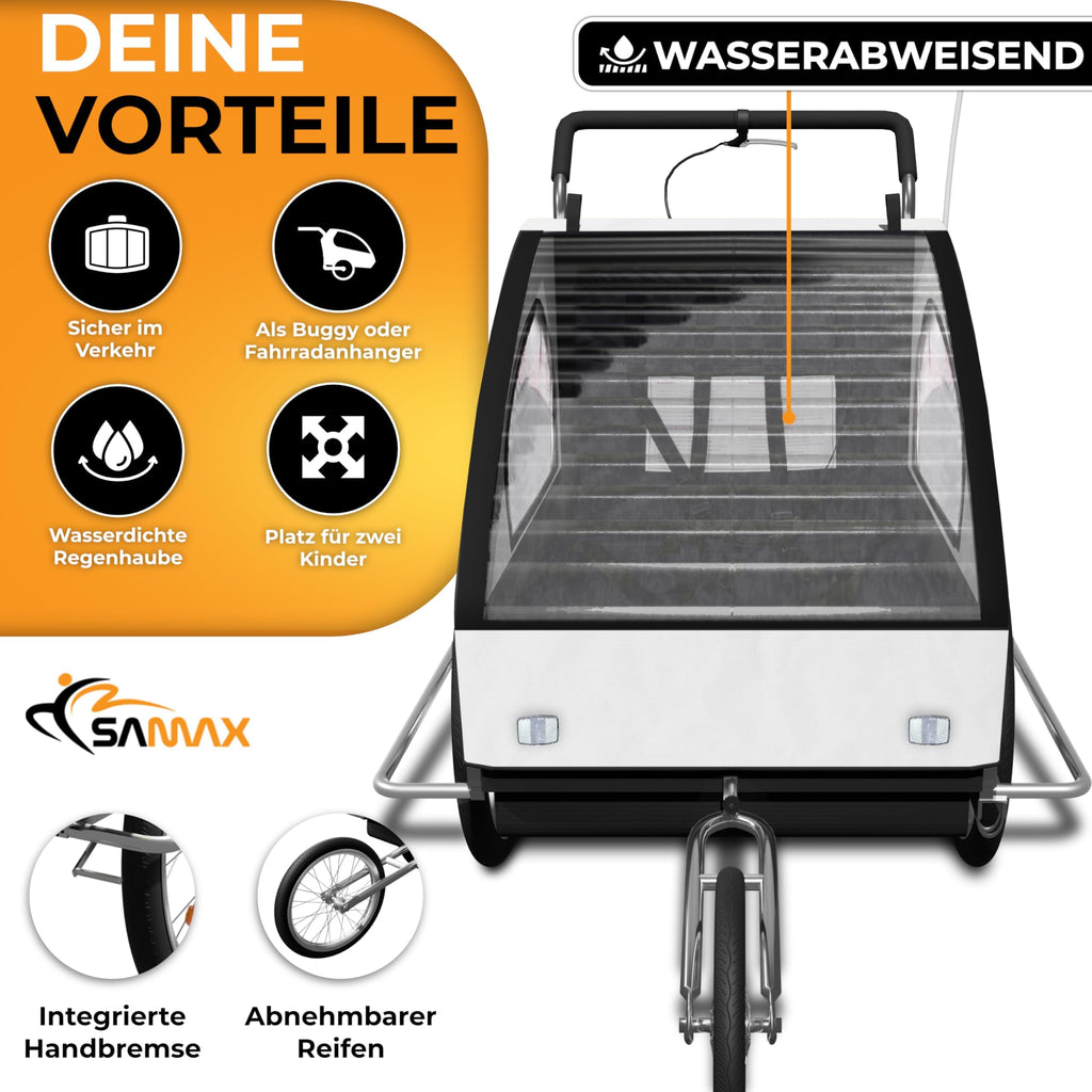 SAMAX Fahrradanhänger Jogger 2in1 Kinderanhänger Kinderfahrradanhänger Transportwagen vollgefederte Hinterachse für 2 Kinder in Weiß/Schwarz - Silver Frame