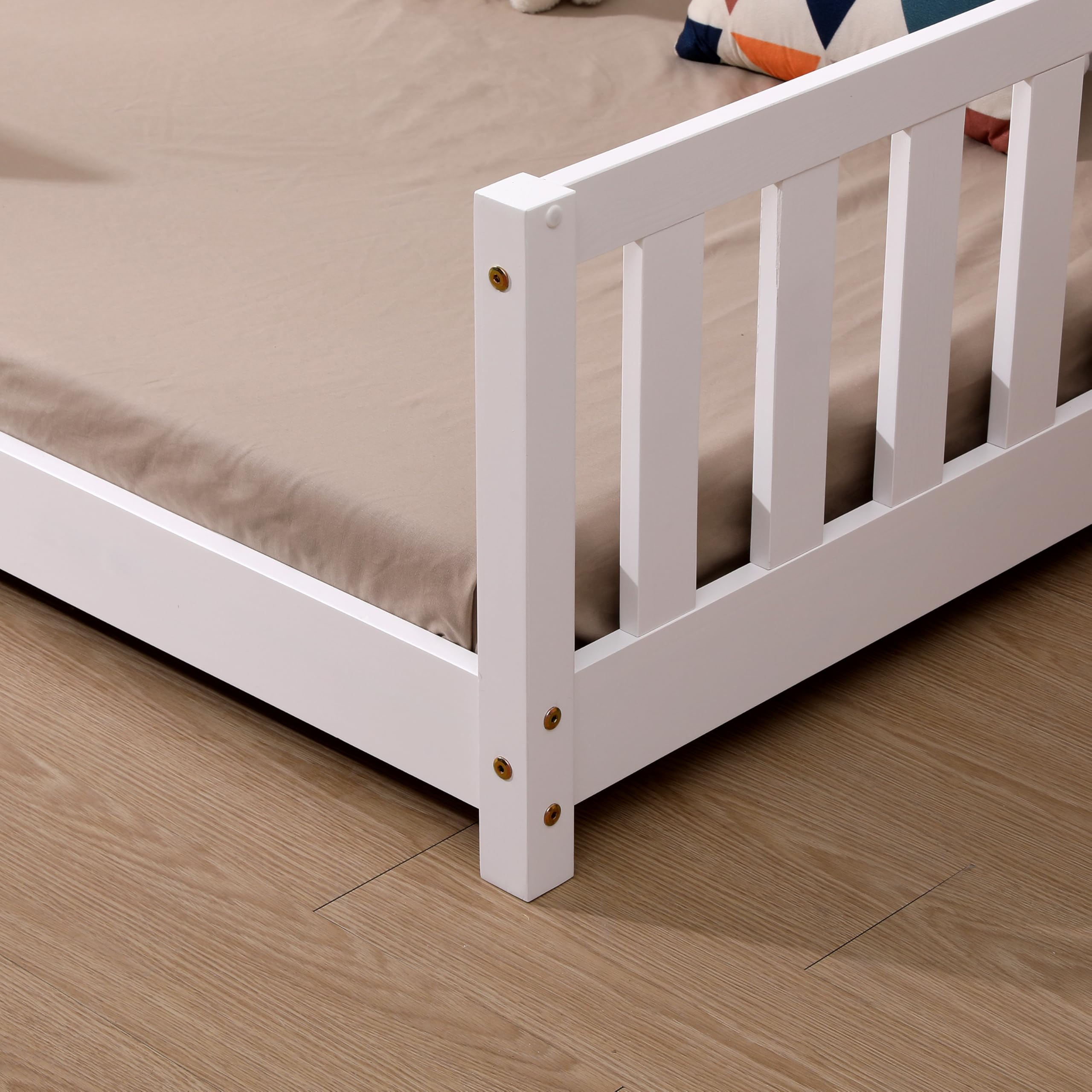 ecomi® Kinderbett 80x160 mit Rausfallschutz Bodenbett Kinder Bett mit Lattenrost für Kinder Kinderbetten für Mädchen und Jungen Massivholz Kiefer in Weiß