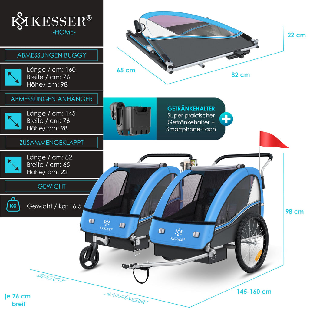 KESSER® Kinderfahrradanhänger Sport-RX 2in1 Jogger & Buggy 5-Punkt-Gurt Sicherheitsgurt 360° Vorderrad Kinderfahrradanhänger Reflektoren für 1-2 Kinder (max. 40 kg) Getränkehalter & Smartphonefach