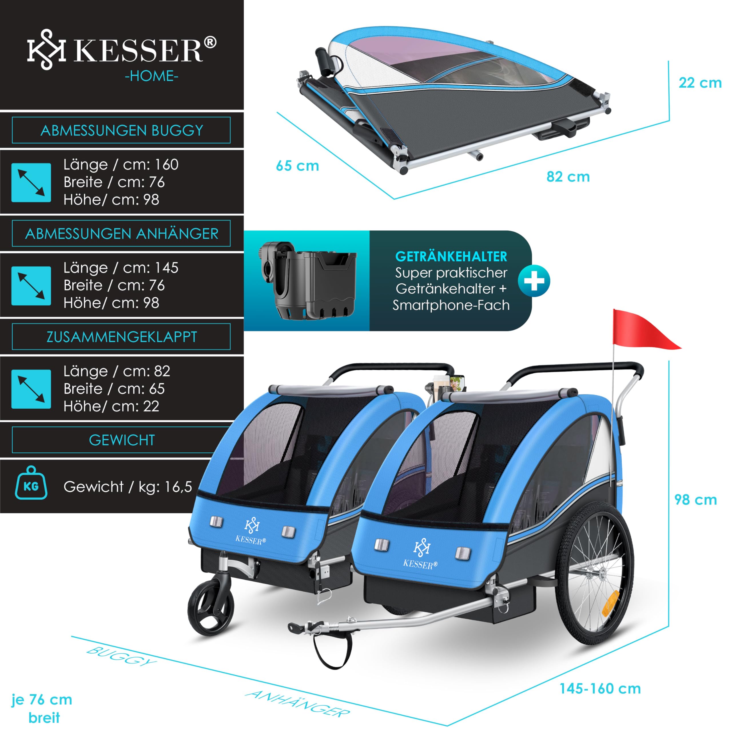 KESSER® Kinderfahrradanhänger Sport-RX 2in1 Jogger & Buggy 5-Punkt-Gurt Sicherheitsgurt 360° Vorderrad Kinderfahrradanhänger Reflektoren für 1-2 Kinder (max. 40 kg) Getränkehalter & Smartphonefach