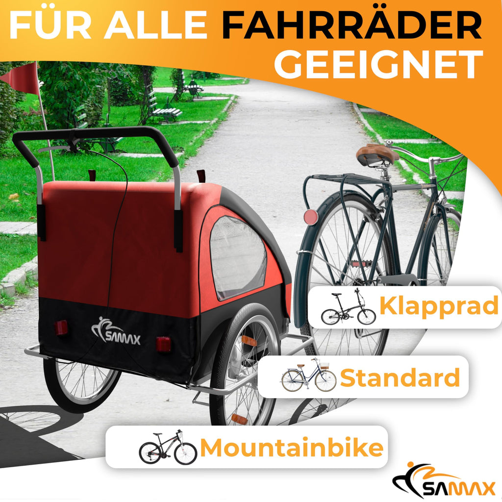 SAMAX Fahrradanhänger Jogger 2in1 Kinderanhänger Kinderfahrradanhänger Transportwagen vollgefederte Hinterachse für 2 Kinder in Rot/Schwarz - Silver Frame