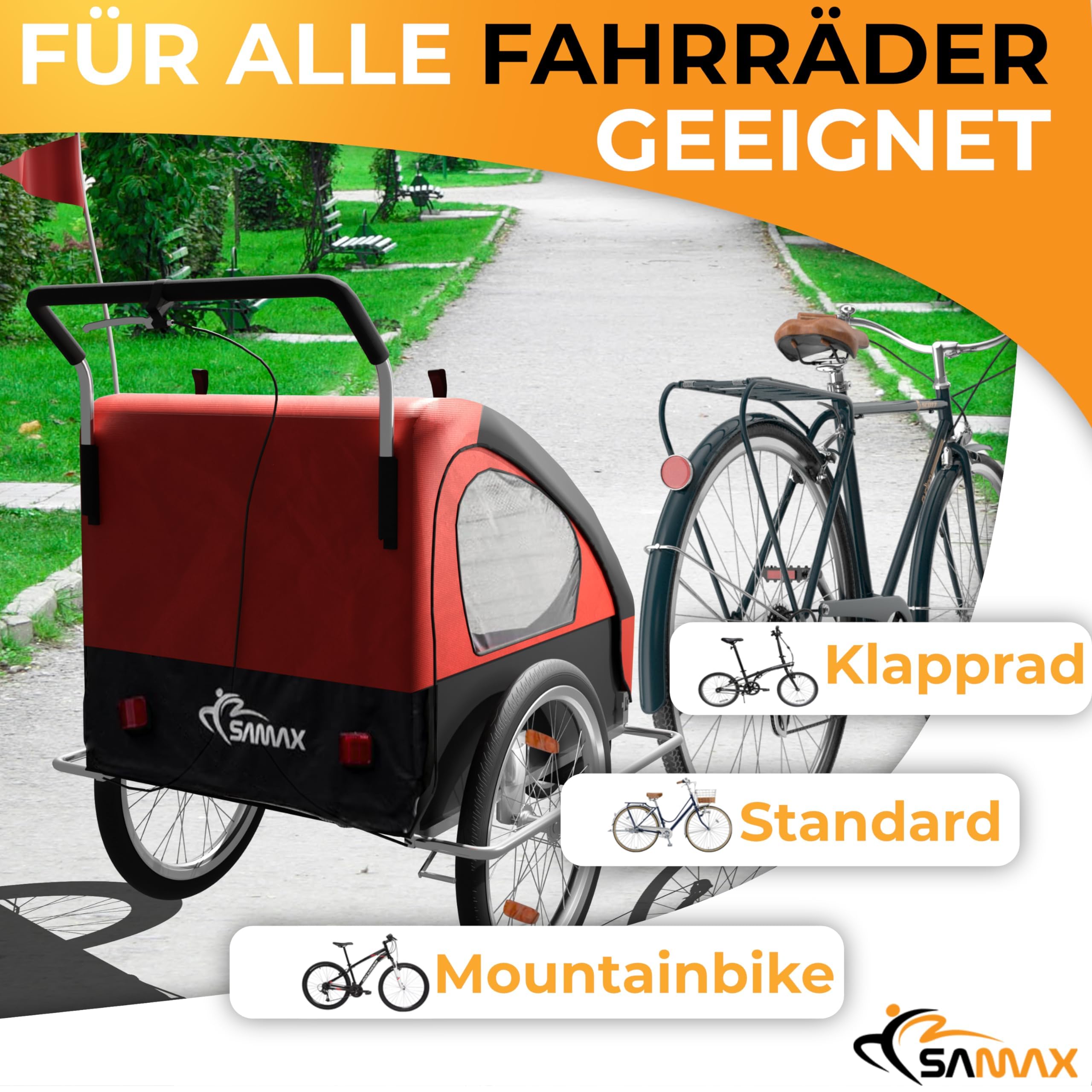SAMAX Fahrradanhänger Jogger 2in1 Kinderanhänger Kinderfahrradanhänger Transportwagen vollgefederte Hinterachse für 2 Kinder in Rot/Schwarz - Silver Frame