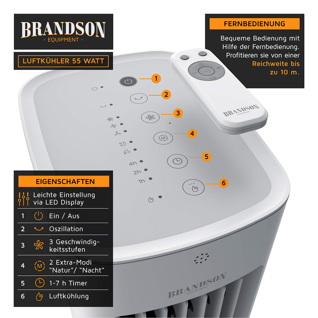 Brandson - Luftkühler mit Wasserkühlung - 5-in-1 - Verdunstungskühler, Luftbefeuchter, Ventilator & Luftreiniger, mobile Klimaanlage ohne Abluftschlauch - Preisträger 2025 - leise - 5L Wassertank