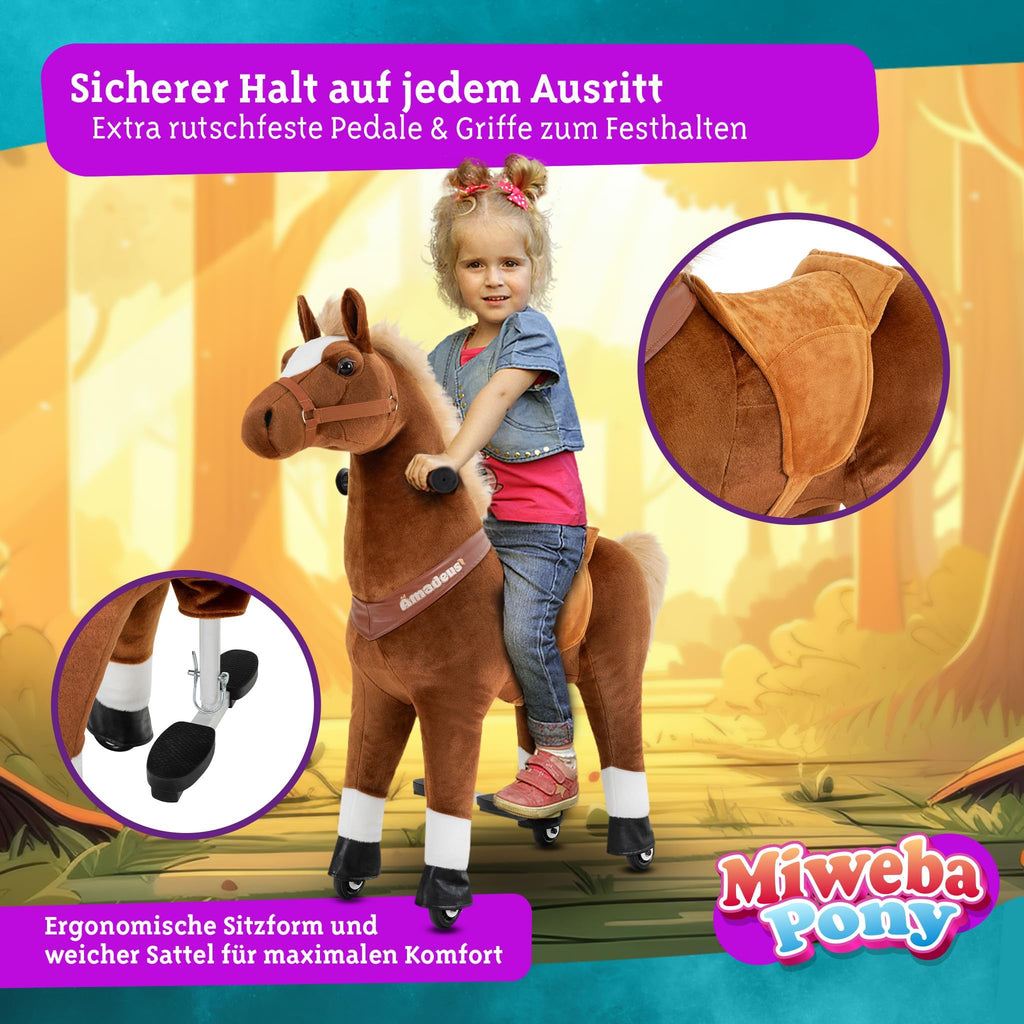 Miweba Pony Amadeus | Reitpferd auf Rollen - Pferd für Kinder - Schaukelpferd - Schaukeltier - Kuscheltier - Spielpferd zum Reiten - Plüschtier - Stofftier - Stehpferd - 4-8 Jahre (M Medium)
