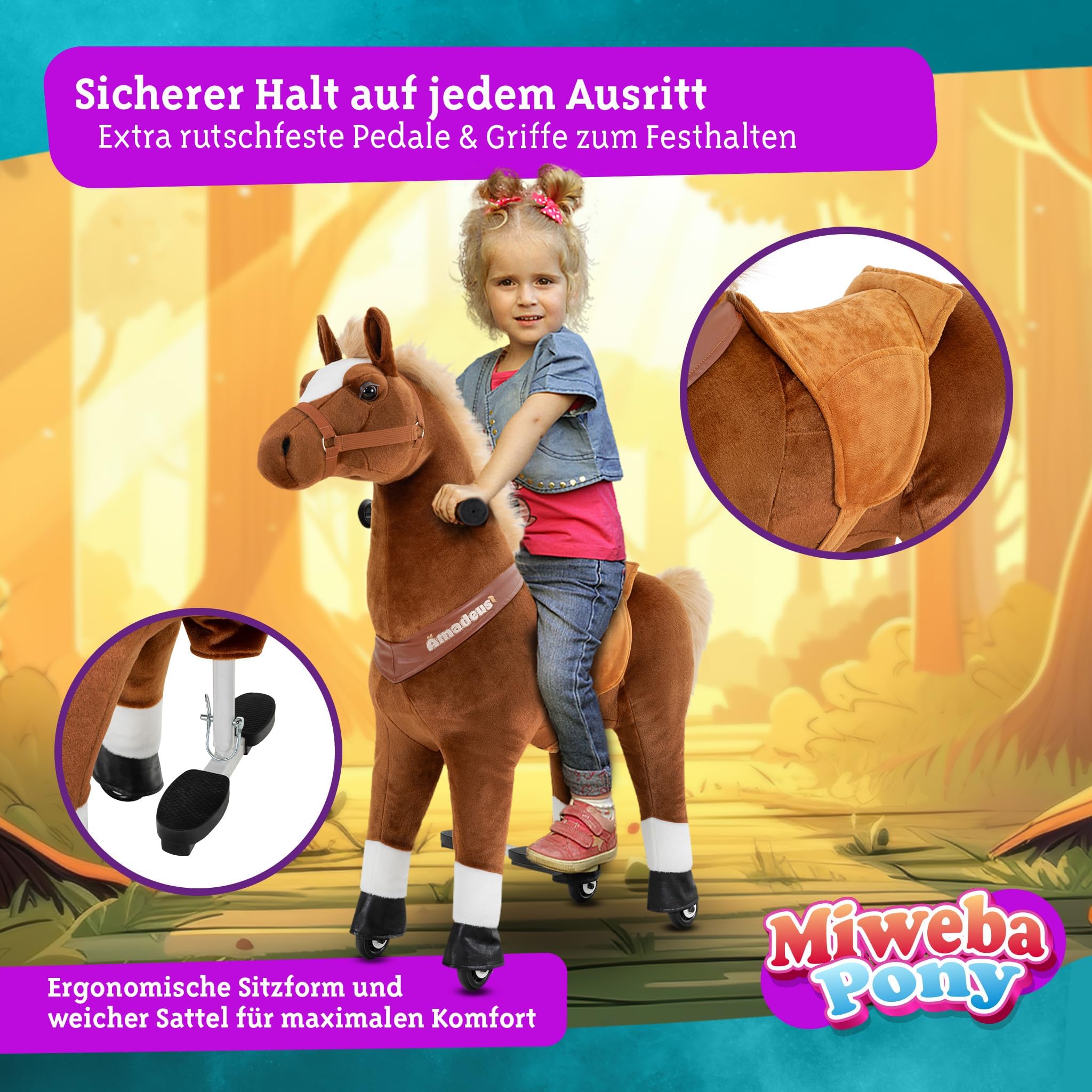 Miweba Pony Amadeus | Reitpferd auf Rollen - Pferd für Kinder - Schaukelpferd - Schaukeltier - Kuscheltier - Spielpferd zum Reiten - Plüschtier - Stofftier - Stehpferd - 4-8 Jahre (M Medium)