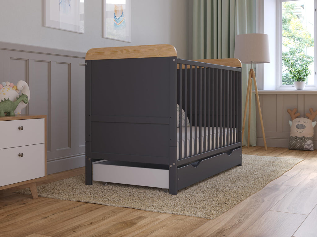 Love For Sleep Babybett Beistellbett 120x60 cm mit Schublade & Matratze - Kinderbett Baby Bett Holz Anthrazit-Kiefer, Babybett Komplett Set - Kinderbett Babybett Mitwachsend Gitterbett