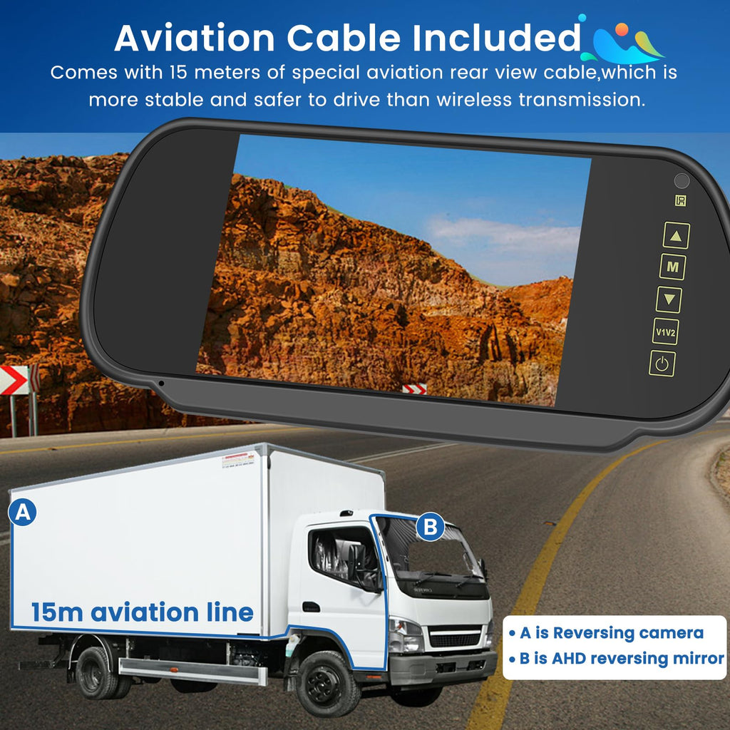 Hikity Rückfahrkamera Set mit 7" LCD Monitor & AHD Rückfahrkamera mit Stabilem Signal, IP66 Wasserdicht, IR Nachtsich Auto Rückfahrkamera 4Pin 15M für LKW/Anhänger/Bus/Van(12-24 Volt)