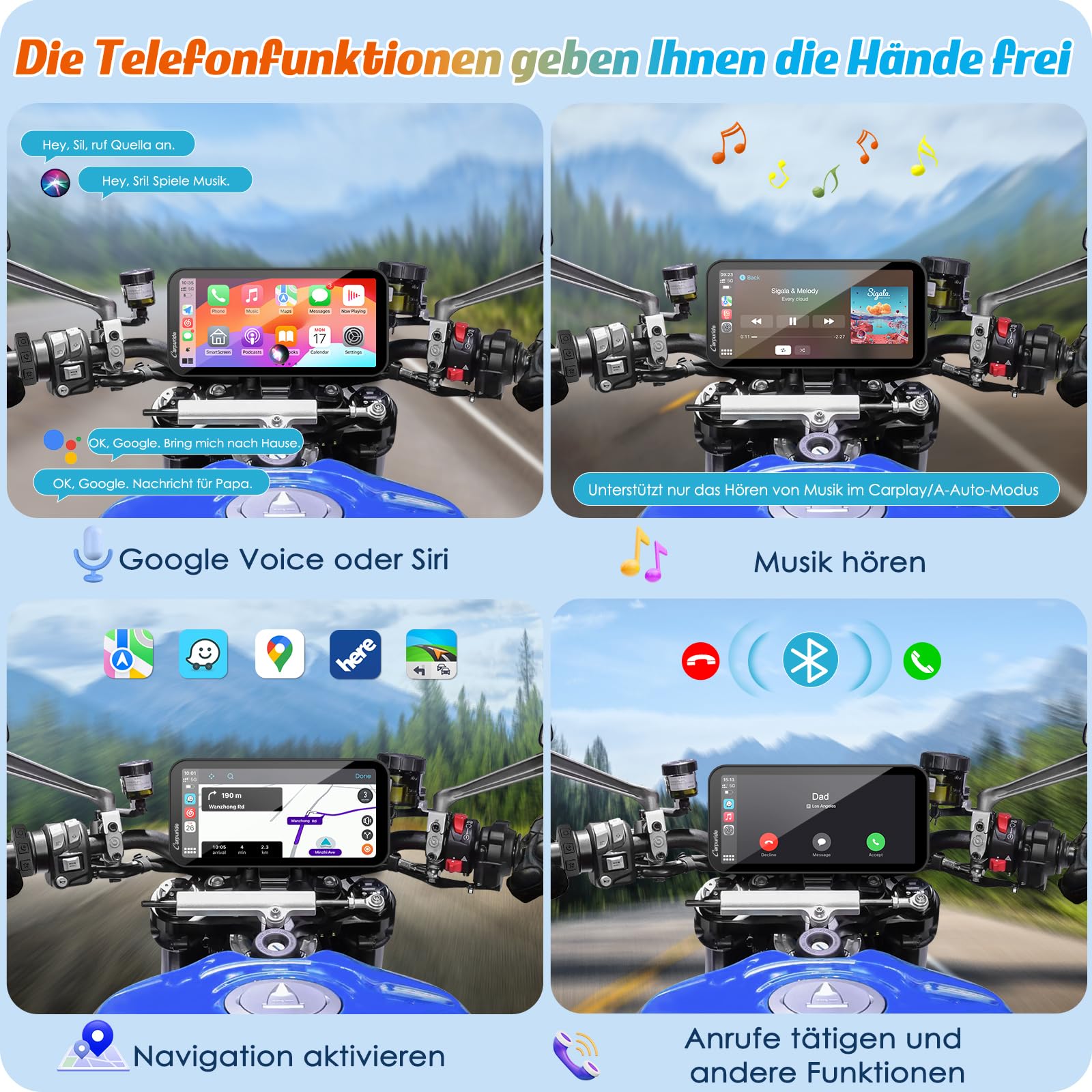 Carpuride W603 Motorrad-Carplay-Bildschirm, Kabelloses CarPlay und Android Auto für Moto, Fernbedienung, 6,3-Zoll-wasserdichter Touchscreen, BT Audio, GPS-Navigation, Siri, G00gle-Assistent