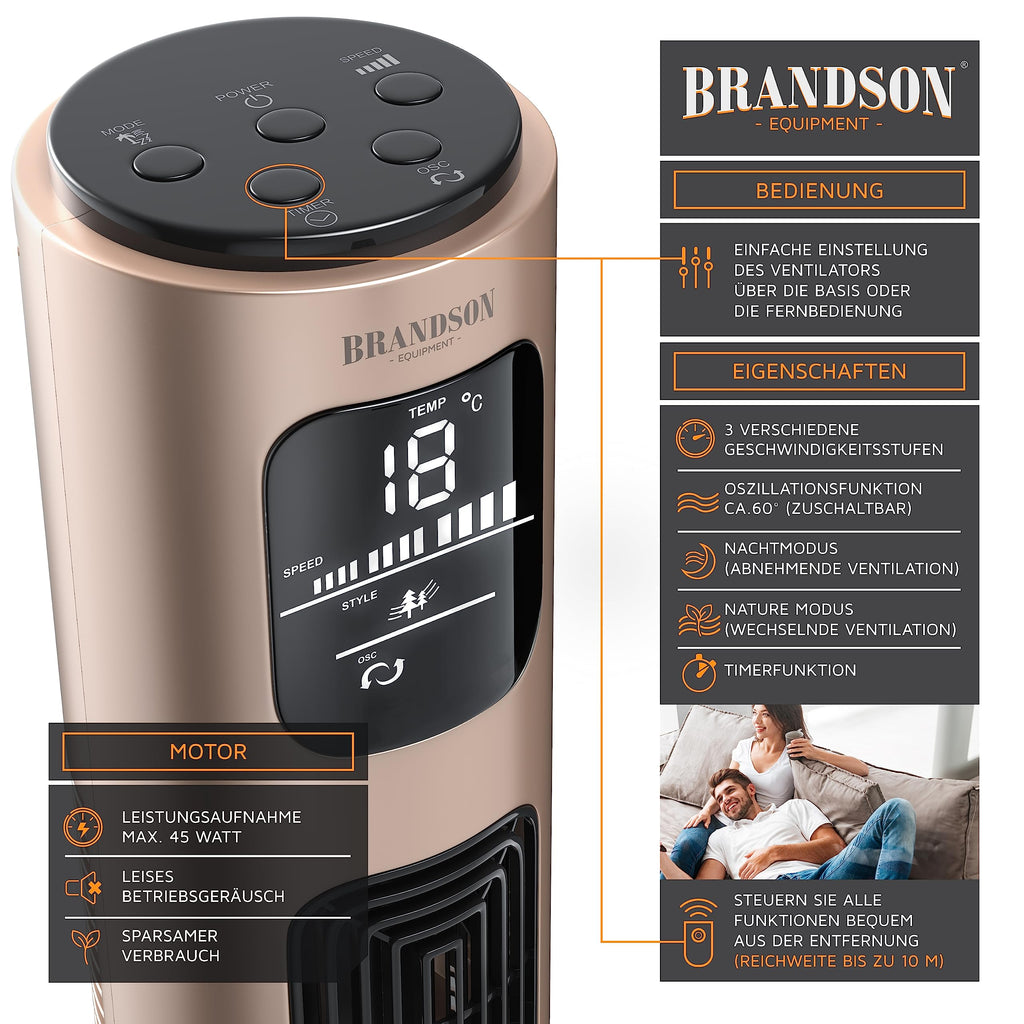 Brandson - Turmventilator mit Fernbedienung - Preisträger 2025 - Oszilation 60° - Standventilator - mobiler Lüfter - Säulenventilator - 96 cm - Ventilator 3 Geschwindigkeiten - GS - pearl-rouge