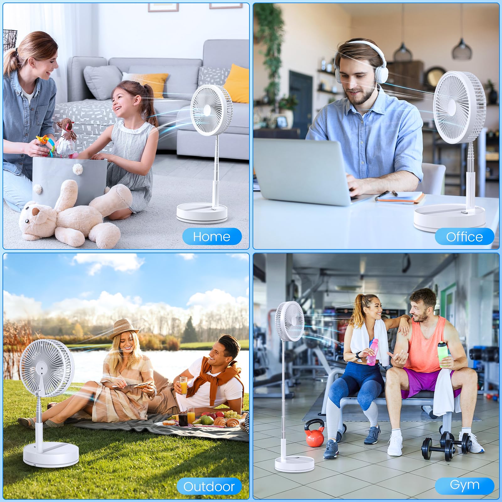 LIPETY Tragbarer Faltbarer Oszillierender Klein Ventilator, 9" 7200 mAh Akku Aufladbar USB C Tischventilator mit Fernbedienung, Mini Leise Standventilator für Hause Schlafzimmer Reisen Camp