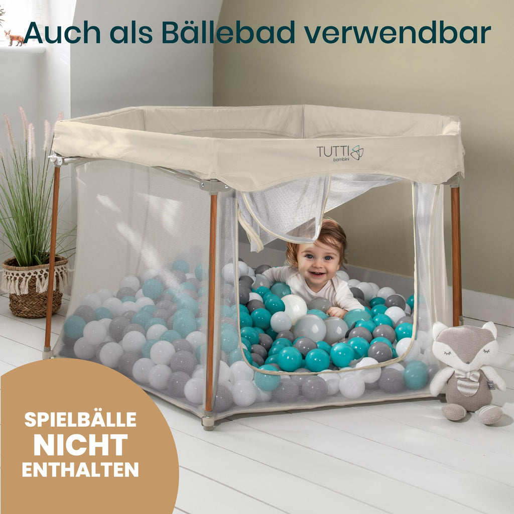 Tutti Bambini Laufstall Baby Faltbar - Baby Playpen mit 360°-Netzwänden, Schnellklappmechanismus, Reißverschlusstür, Bodenmatte & Tragetasche, 135 x 135 x 75 cm (Ecru)