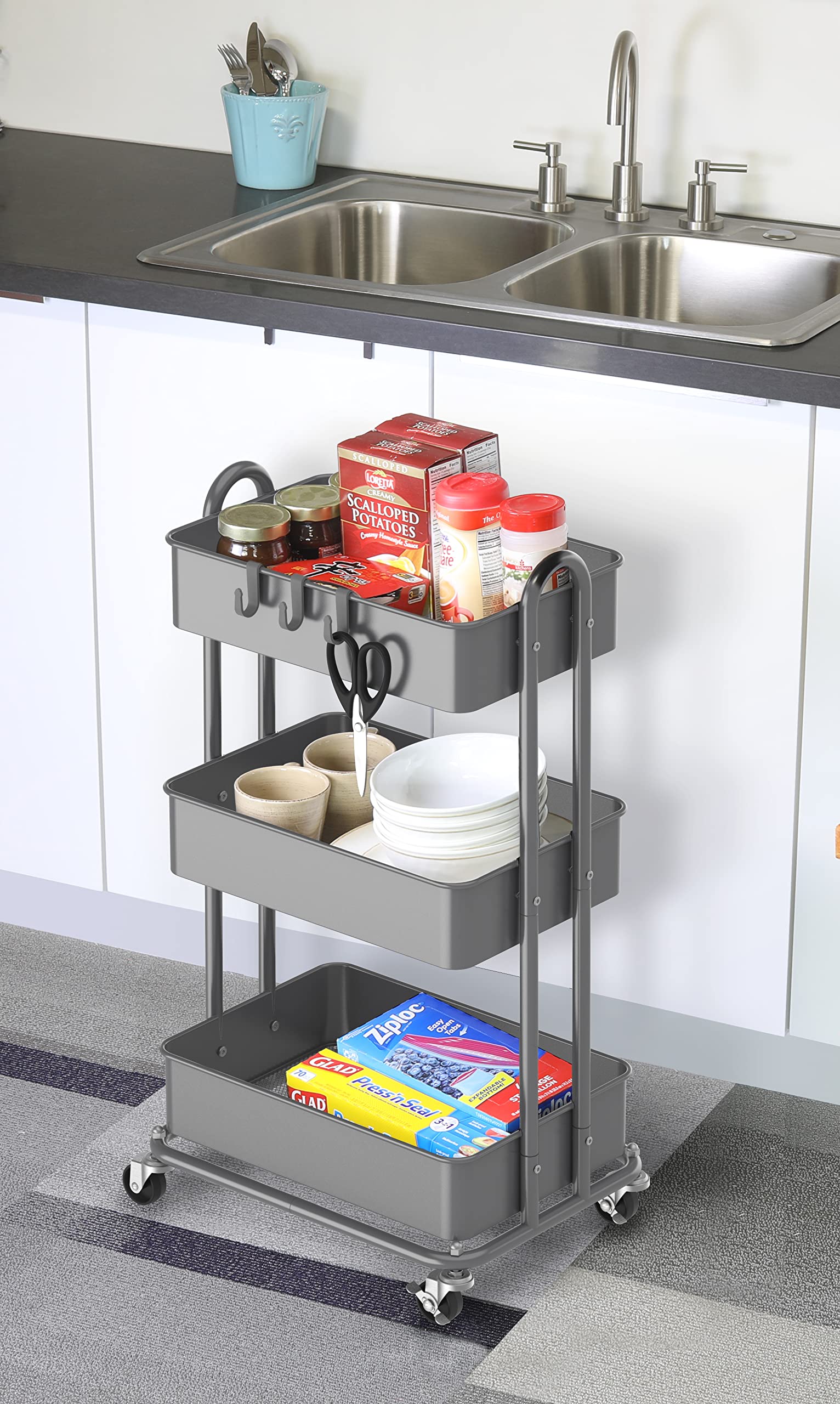 Simple Houseware Hochleistungs-Rollwagen mit 3 Ebenen aus Metall, Silber