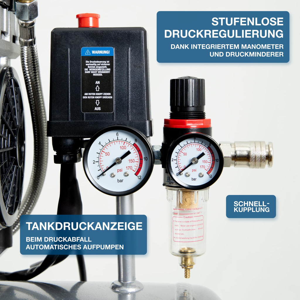 HYUNDAI Silent Kompressor SAC55752 | 24L Kessel, 8bar, ölfrei | 0.75kW / 1.0PS | Ansaugleistung 125 L/Min | Öl-Wasserabscheider | 59dB Luftkompressor leise, Flüster-Kompressor