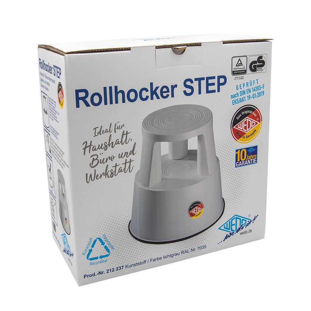 WEDO Rollhocker STEP aus bruchfestem Kunststoff - rollbarer Elefantenfuß Tritthocker, TÜV GS-geprüft, Made in Germany, rutschfest - Höhe ca. 43 cm, Tragkraft 150 kg, Farbe Lichtgrau
