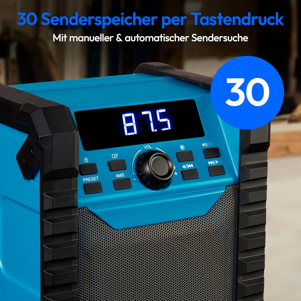 MEDION E65895 Baustellenradio mit Akku (Robustes Gehäuse, Tragegriff, Bluetooth, Spritzwassergeschützt (IP54), UKW Radio, AUX) grün