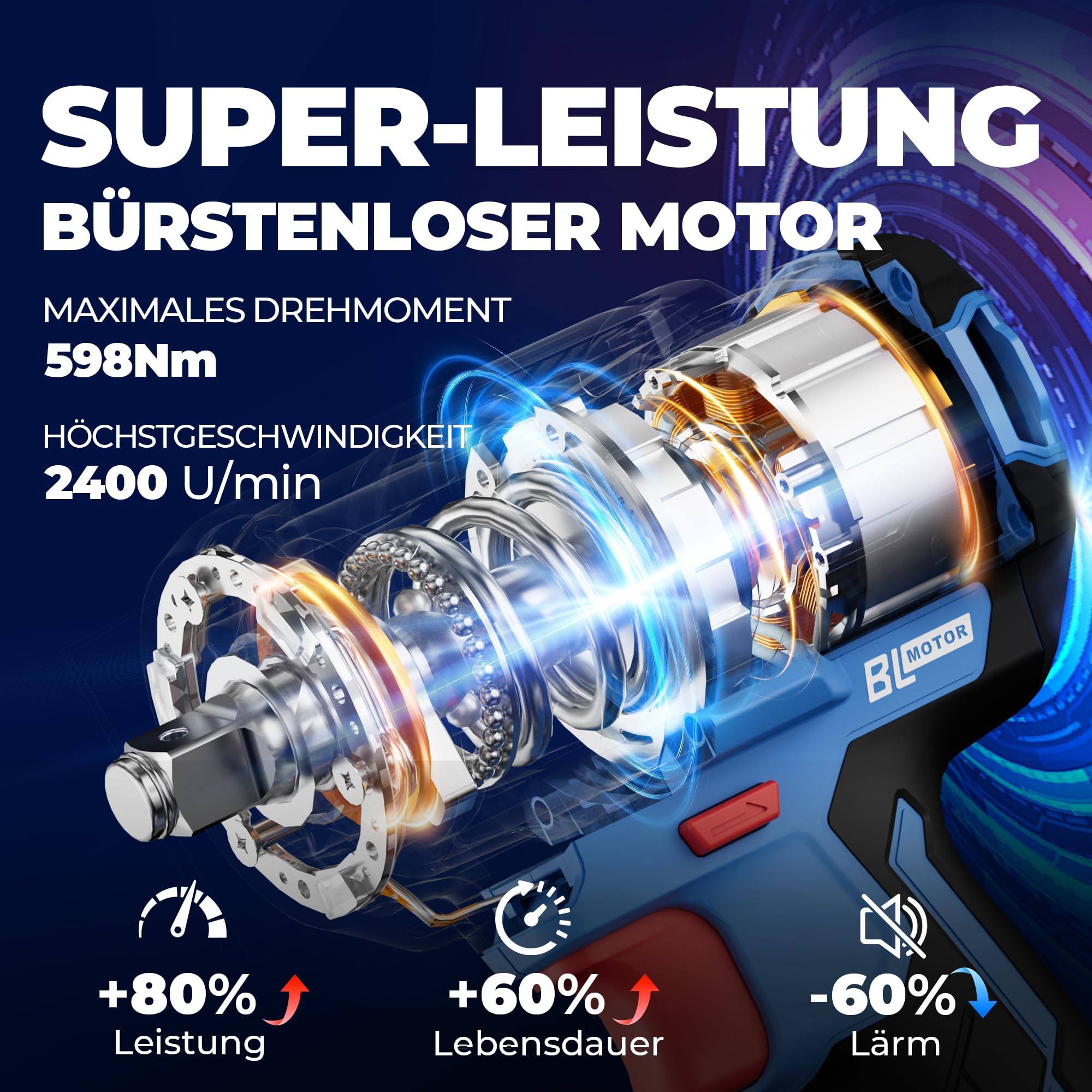 Dong Cheng 18V bürstenloser Schlagschrauber, 598Nm Akku-Schlagschrauber 1/2 Zoll, 4-Gang-Modus & Smart-Modus mit 5 Schlagstecknüssen, Verlängerung, 4,0Ah Akku, Aufbewahrungsbox