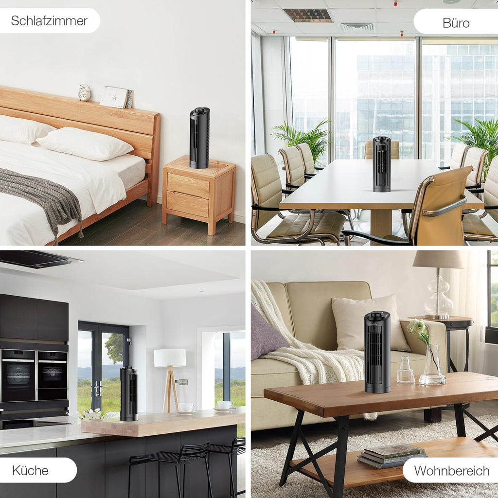 Grelife Turmventilator Leiser, 7,9m/s Geschwindigkeit, 80° Oszillierende Ventilatoren, Schnelle Kühlung Tischventilator für Büro, Zuhause, Schlafzimmer, Schwarz