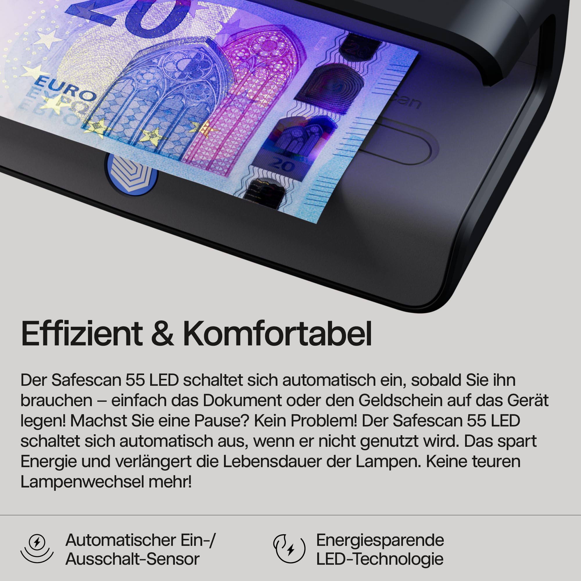 Safescan 55 LED Geldscheinprüfgerät mit ultrastarkem UV-Licht - Falschgeldprüfgerät für Banknoten, Kreditkarten & Ausweise - Geldprüfer mit 3 leistungsstarken LED-Lichtern - Geldprüfmaschine