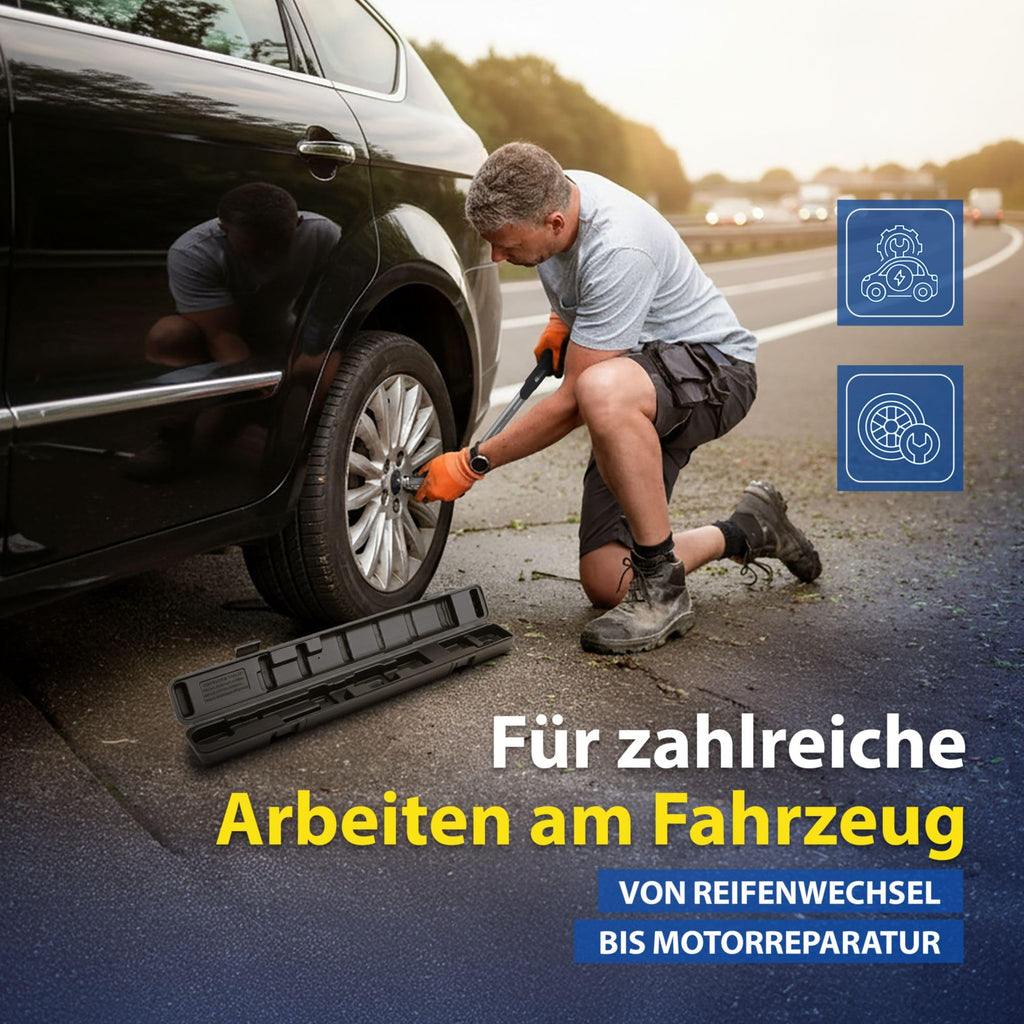 Goodyear Premium Drehmomentschlüssel, Einstellbar von 42 bis 210 Nm, Antrieb 1/2" Vierkant, inkl. Verlängerung und Stecknüsse 17 mm und 19 mm, Blau, Schwarz, Silber