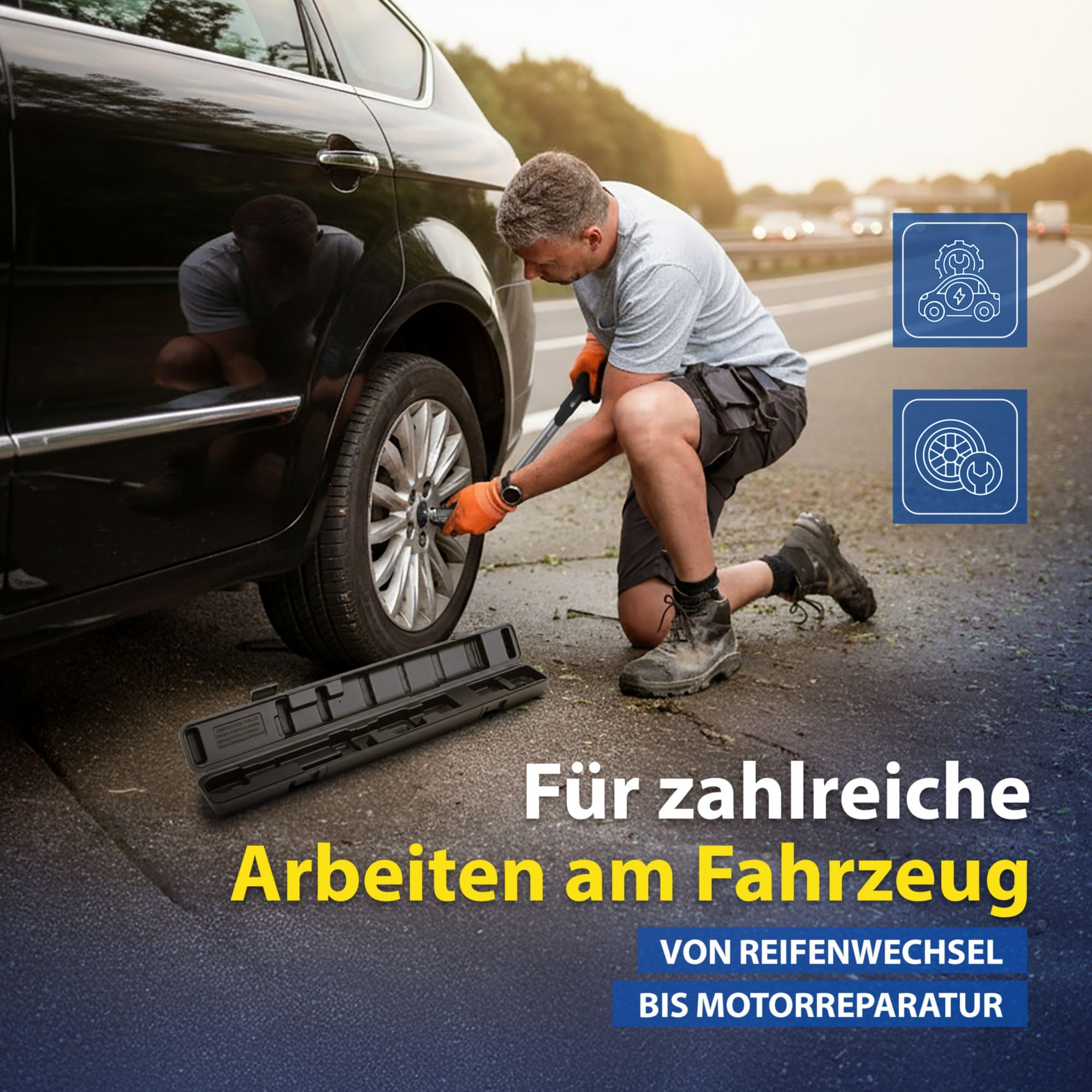 Goodyear Premium Drehmomentschlüssel, Einstellbar von 42 bis 210 Nm, Antrieb 1/2" Vierkant, inkl. Verlängerung und Stecknüsse 17 mm und 19 mm, Blau, Schwarz, Silber