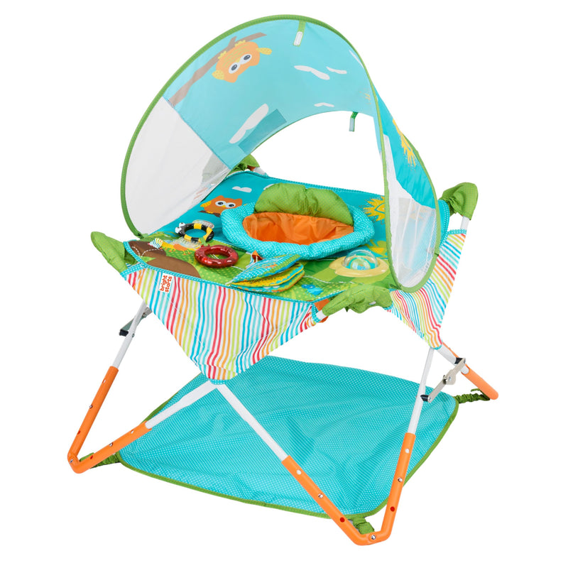Bright Starts Pop 'N Jump Faltbarer Aktivitäts-Jumperoo, Tragbares Aktivitätscenter für Babys, UPF 50+ Sonnendach, 4 Sensorische Spielzeuge, Reisetasche, 6-12 Monate