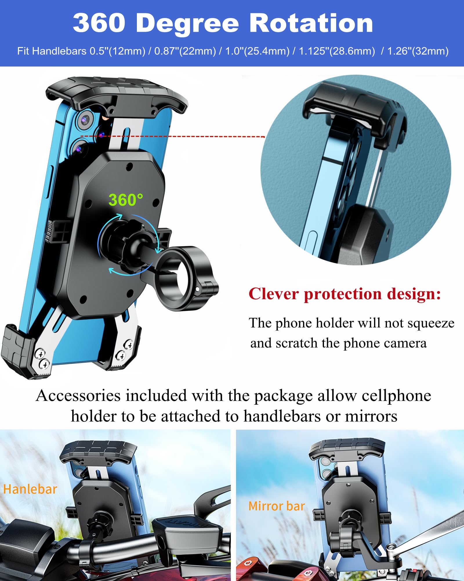 BRCOVAN Handyhalterung Motorrad, Handyhalter Fahrrad, Knopf-Automatikverriegelung 360 Drehung Outdoor Lenker Handy Halterung für 4-7 Zoll Smartphone