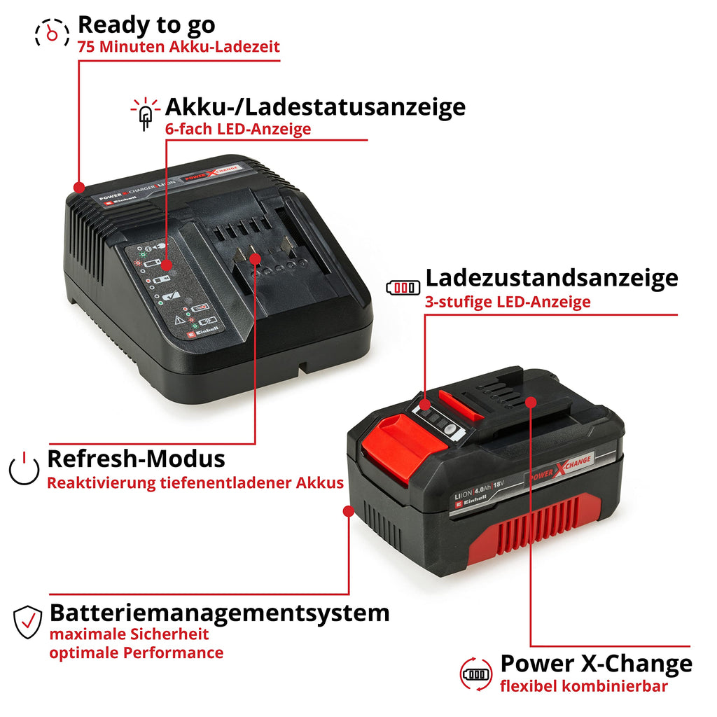 Original Einhell Starter Kit 4,0 Ah Akku und Ladegerät Power X-Change (Li-Ion, 18 V, 75 min Ladezeit, passend für alle Power X-Change Geräte) 1er Pack