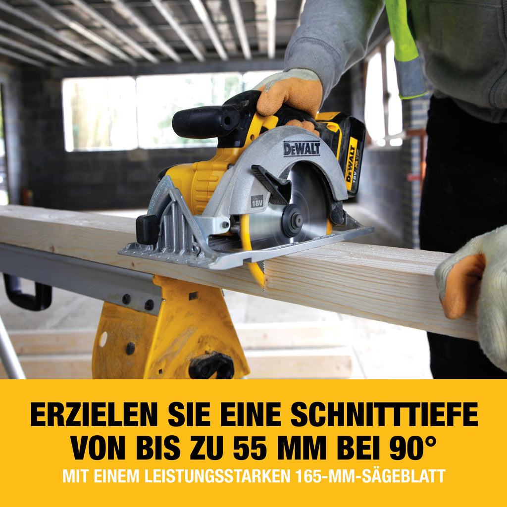 DEWALT 18 Volt Akku-Handkreissäge (760 Watt Abgabeleistung, Sägeblatt-ø: 165 x 20 mm, bis 50° Neigungsverstellung, 24-Zahn HM Sägeblatt, T STAK Box VI, Lieferung ohne Akku & Ladegerät), DCS391NT-XJ