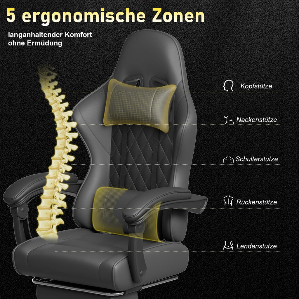 JUMMICO Gaming Stuhl, Schreibtischstuhl mit Massagefunktion,Bürostuhl Ergonomisch mit Fußstütze,150 kg, Schwarz