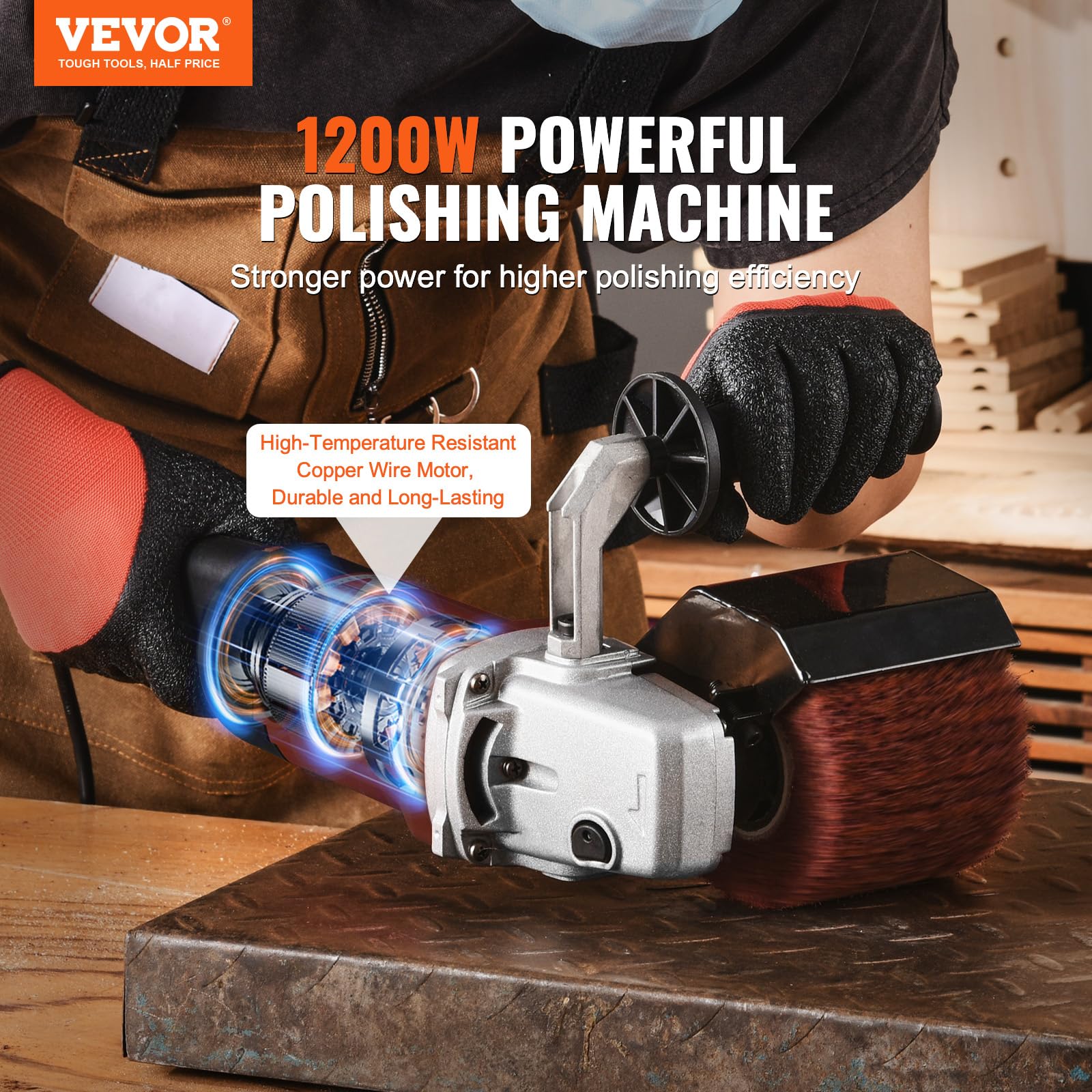 VEVOR Bürstenschleifer, 1200 W, 6-Gang variabler Drehzahlbereich (950-3200 U/min), Walzenschleifer, Schleifmaschine mit 4 Faserpolierrädern, Satiniermaschine für Edelstahl, Kunststoff, Holz