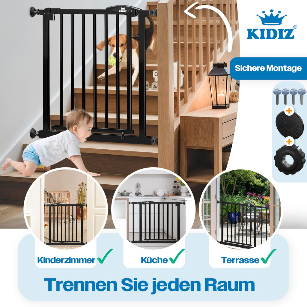KIDIZ Treppenschutzgitter ohne Bohren | Verstellbare Breite: 88-94 cm, 75 cm hoch, Türschutzgitter und Absperrgitter für Kinder und Hunde, Beidseitige Einhand Öffnung, 90° Open-Stop System, Schwarz