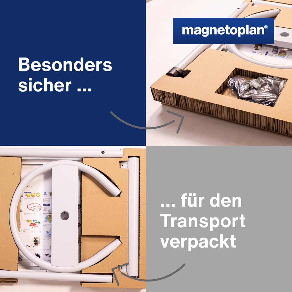 magnetoplan Flipchart De Luxe, mobil | Höhenverstellbar bis 2,0 m | 2 Seitenarme für 3-fache Präsentationsfläche | Mobil mit Rollen | Vollstahlkonstruktion Weiß/Lichtgrau | Schreibfläche 680x1043mm