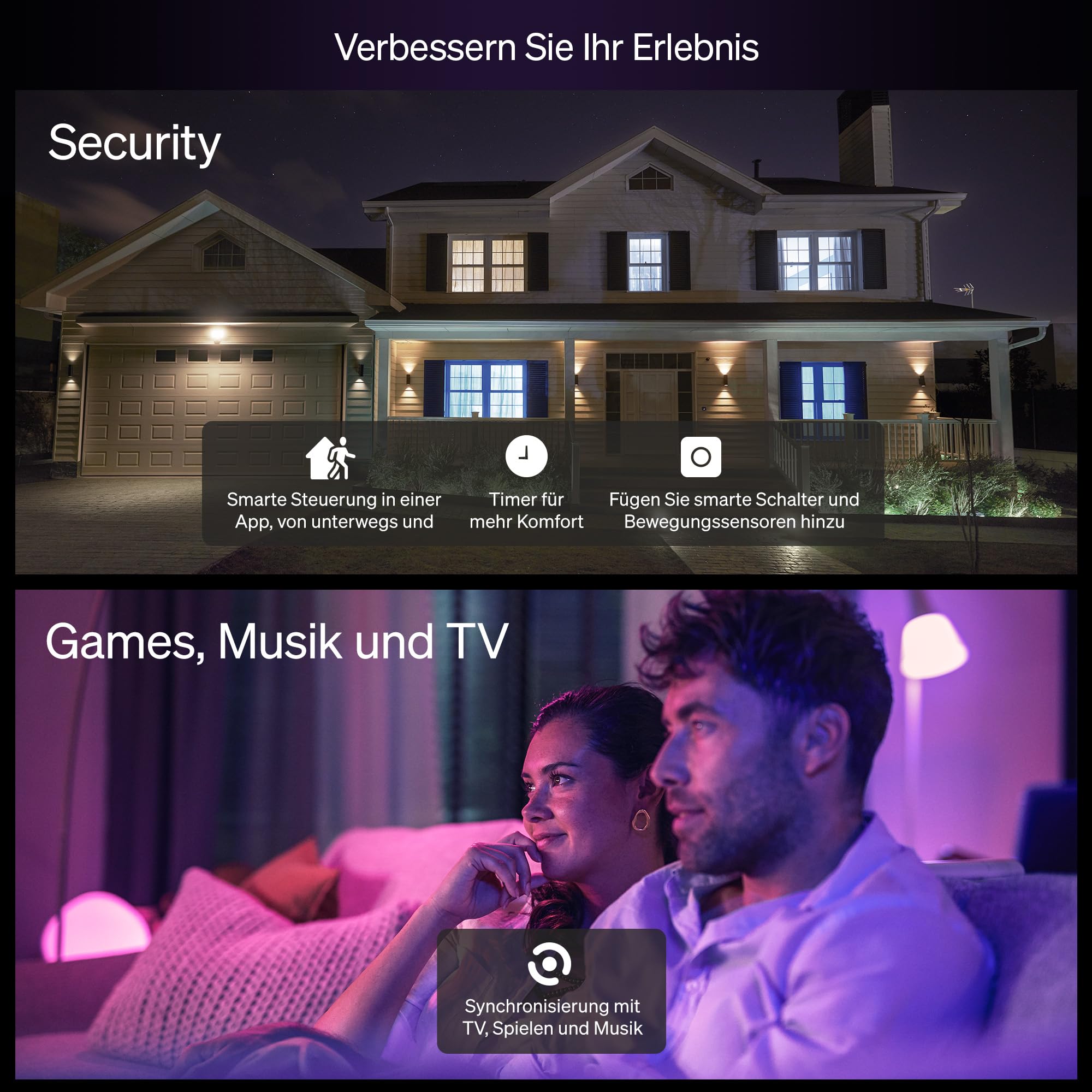 Philips Hue Essential Smart LED A60 Glühbirne,white and color, E27-Fassung, 8 W, 2200 K–6500 K, 806 lm, dimmbar, kompatibel mit Alexa, Google Assistant und Apple Home, 4er-Pack