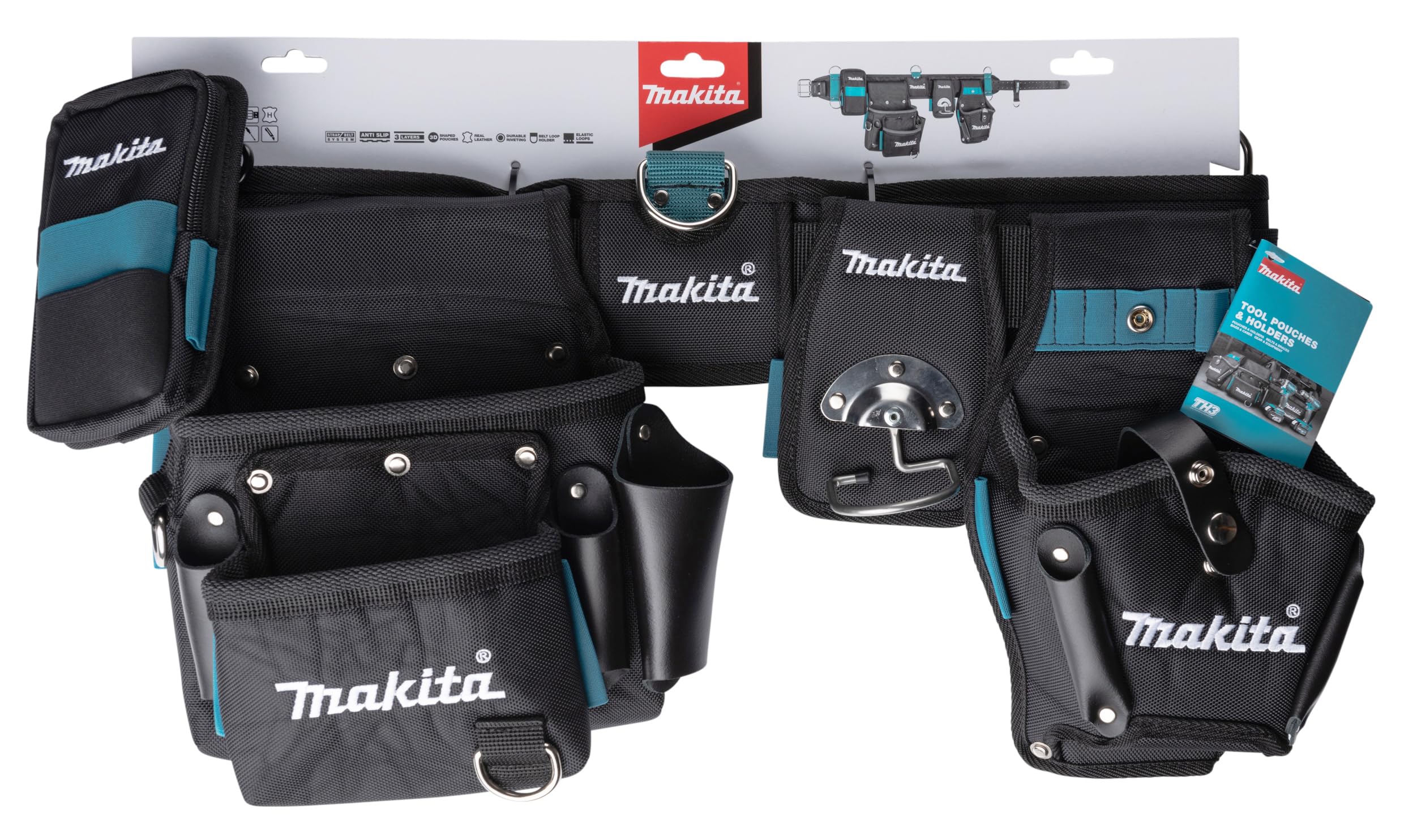 Makita E-15235 Super-Schwerlast-Hüftgurt-Set, bestehend aus Schwerlastgürtel, Schrauberholster, Hammerhalter, 2-Fächer-Werkzeugtasche, Smartphonetasche, Polyester, 880 x 310 mm (LxH)
