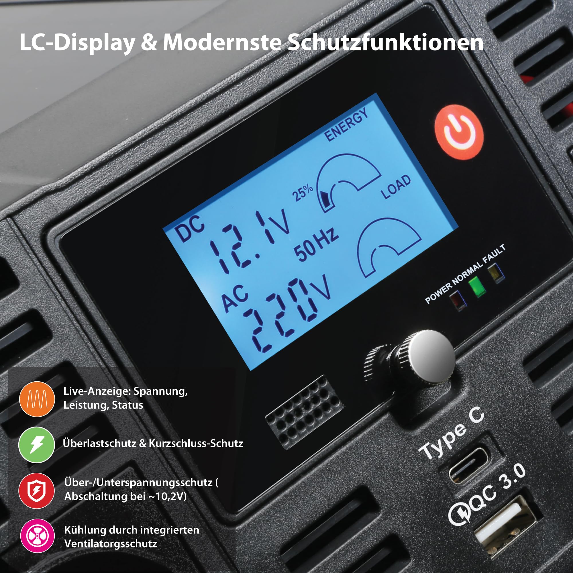Technaxx KFZ Wechselrichter 12V auf 230V Reiner Sinus 3000W/6000W –TÜV-zertifizierter Auto Spannungswandler mit LC-Display, 2X Schuko&USB-A QC 3.0 + USB-C – Inverter für Wohnmobil, Camping, Boot–TE23