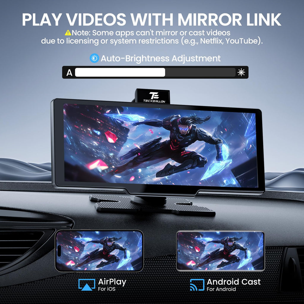 TECXERLLON 10,26 Zoll Wireless Carplay & Android Auto, Apple Car Play Display mit 4K Dashcam&1080P Rückkamera, Android Auto Display mit GPS Navigation, Mirror Link AUX FM 64G TF