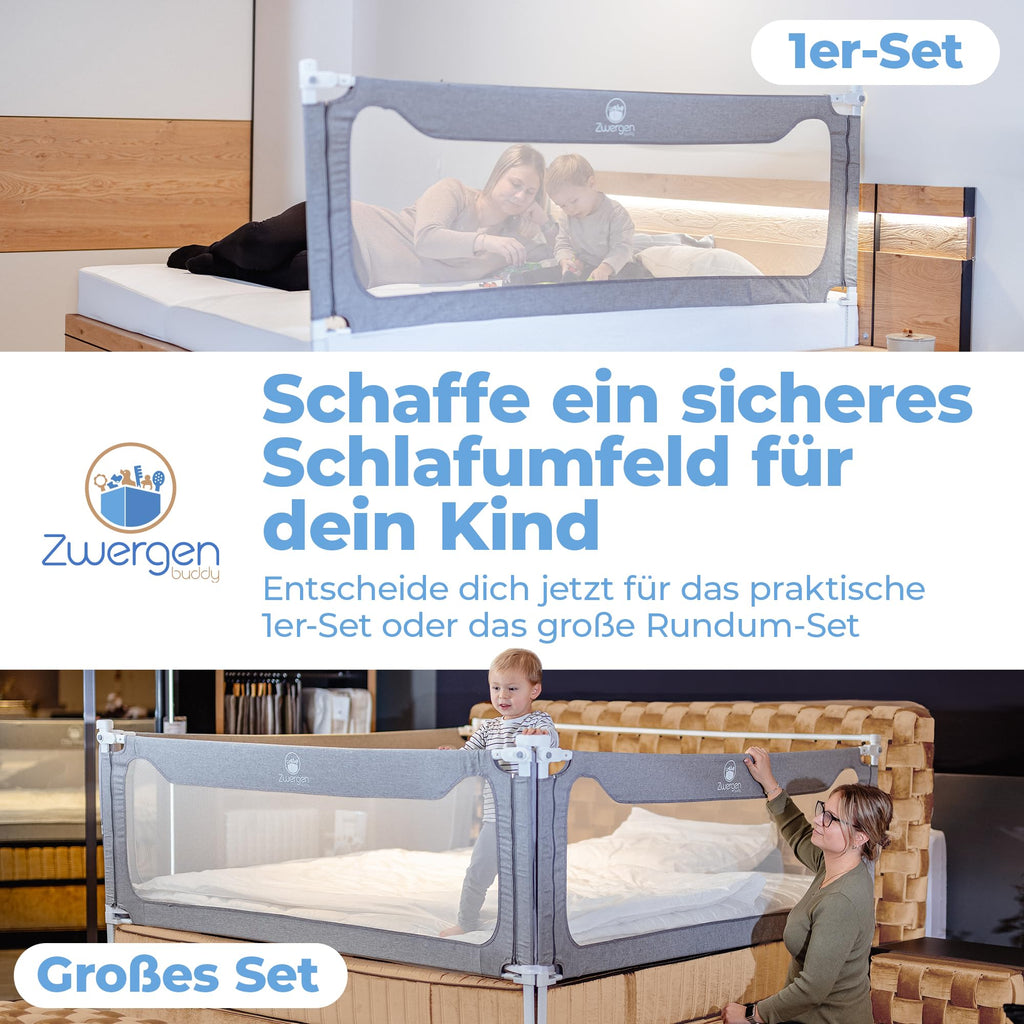 Zwergenbuddy® Rausfallschutz Boxspringbett & Elternbett (180x200cm) [8-teiliges Rausfallschutz Bett Set] Stabilitätsstange & Zwischenraumschutz – Bettgitter ist Laborgeprüft