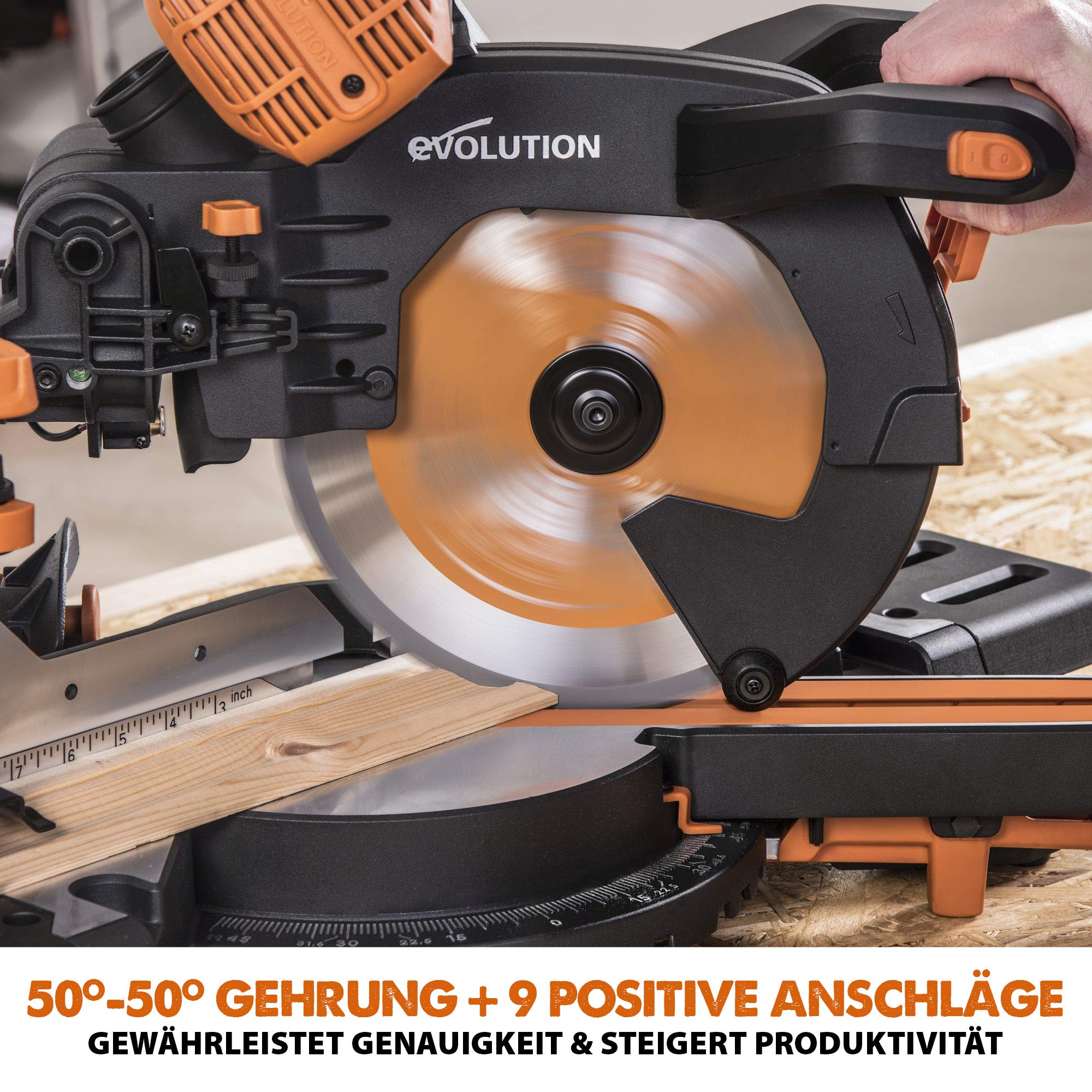 Evolution Doppelgehrungssäge Schiebe-Kapp- und Gehrungssäge R255SMS-DB+ | 2000 W, 300 mm Gleitfunktionalität, Schrägschnitt, Gehrungswinkeln | Ø 255 mm HM / TCT Sägeblatt für Multimaterialschnitt
